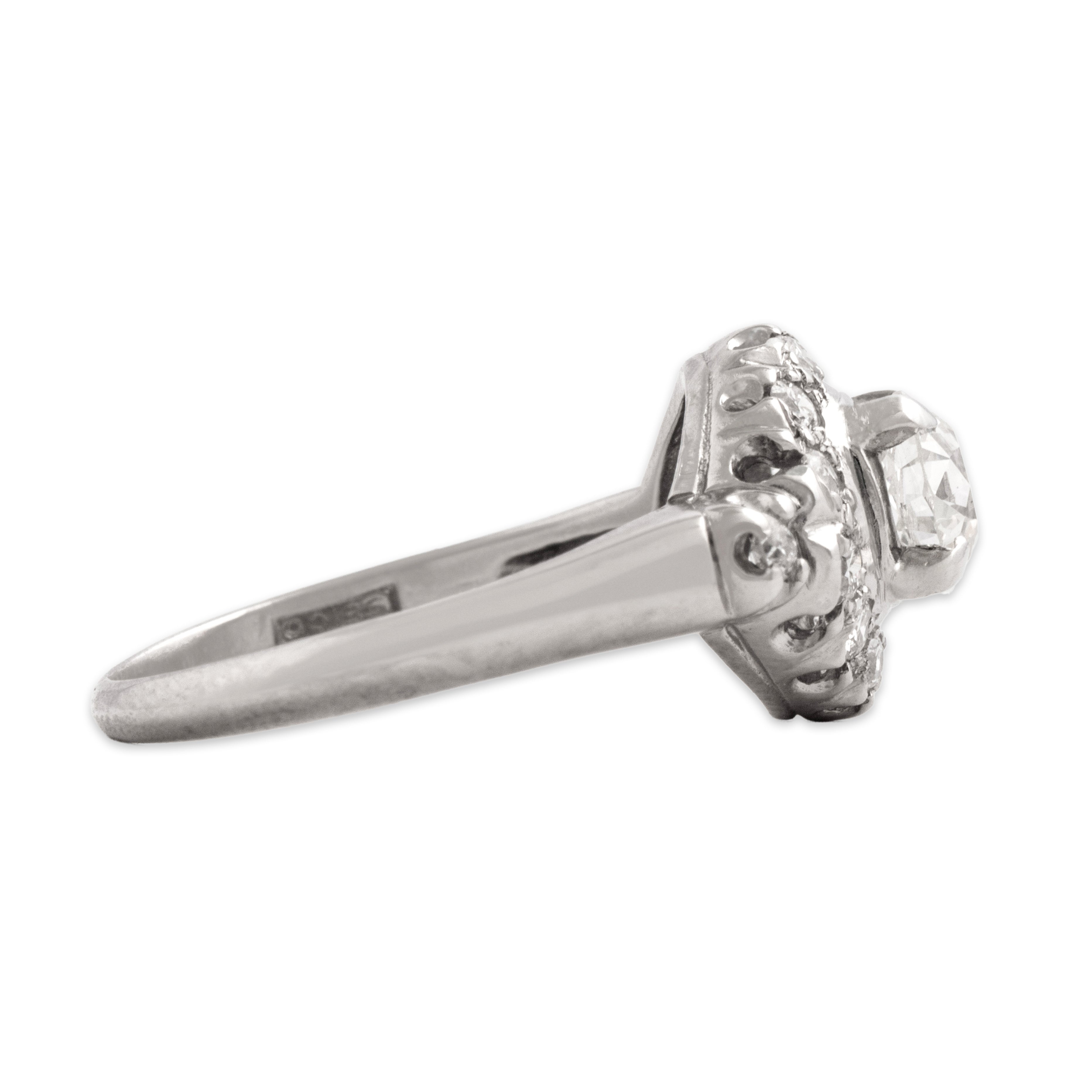 Vintage 14k White Gold .84cttw Old European Cut Diamond Beautiful Ruffled Accented Halo Ring - Side view