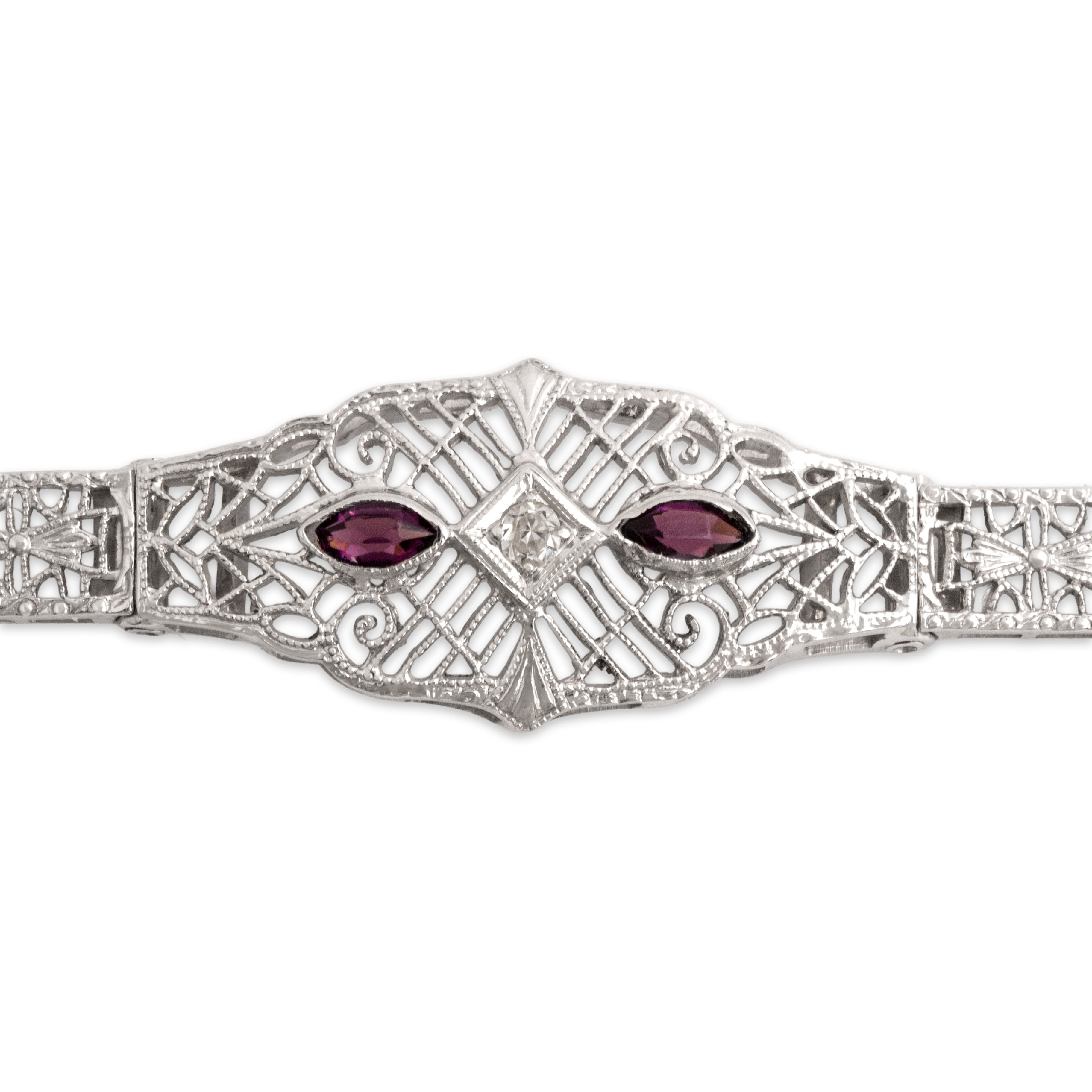 Antique Art Deco 14k White Gold Diamond Purple Glass Stunning Openwork Bracelet - detail view #1