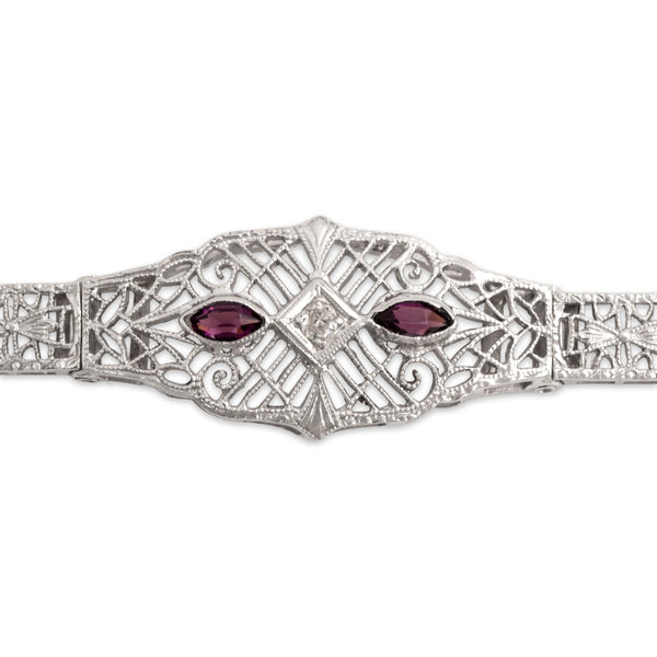 Antique Art Deco 14k White Gold Diamond Purple Glass Stunning Openwork Bracelet 6