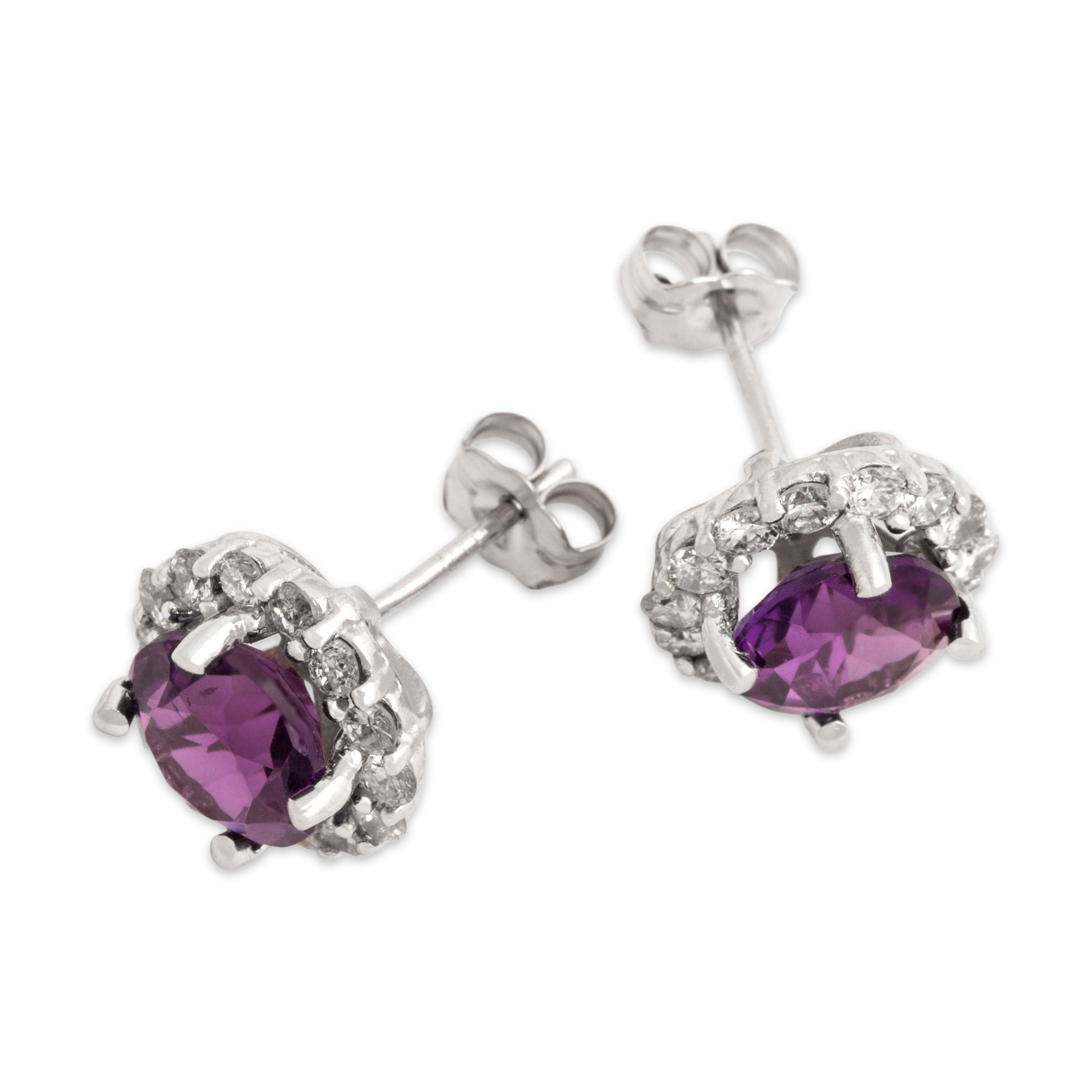 Vintage 14k White Gold 1.17cttw Amethyst Diamond Stunning Bright Halo Stud Earrings - Overall view