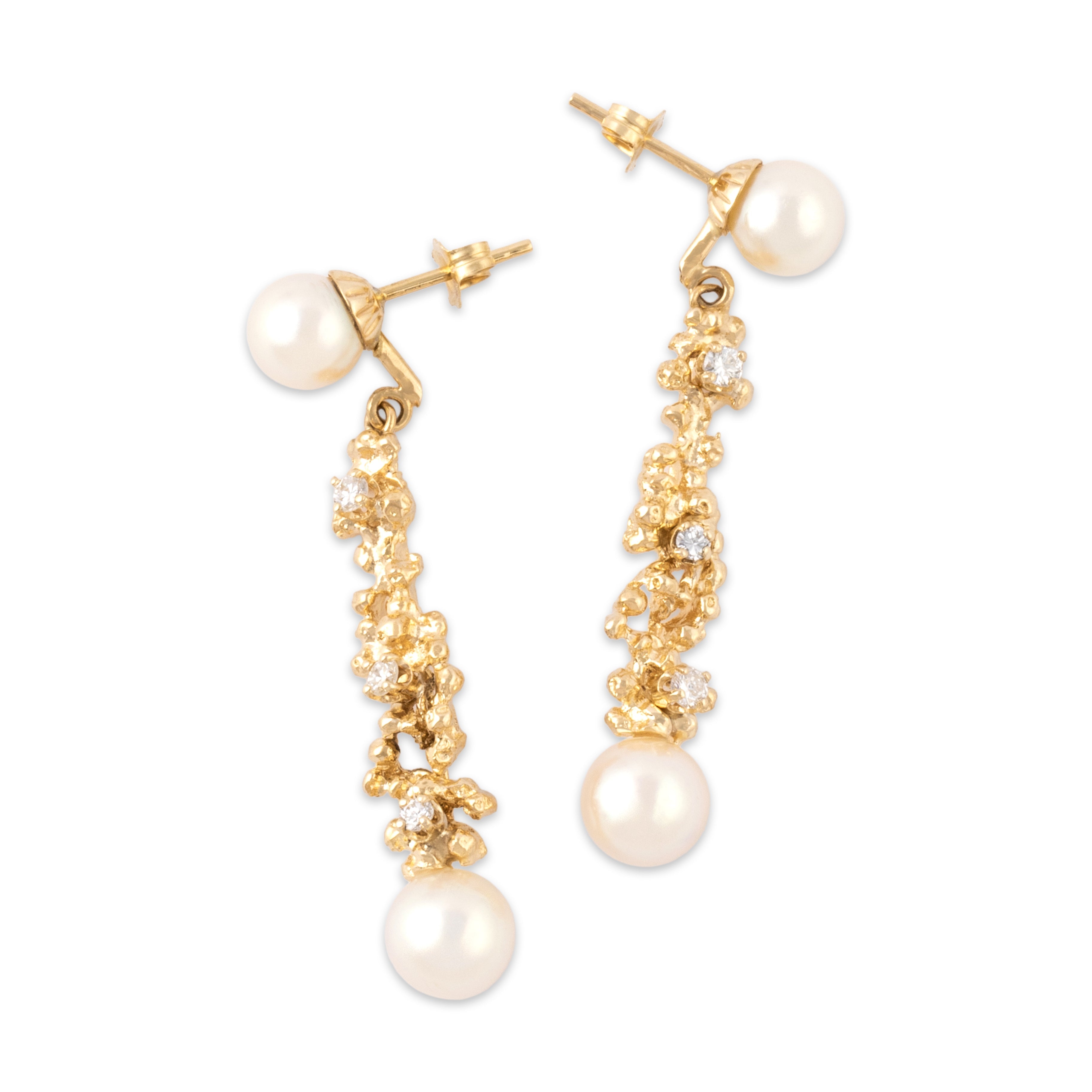Vintage 14k Yellow Gold Pearl Diamond Brutalist Sculptural Drop Dangle Earrings - Side view