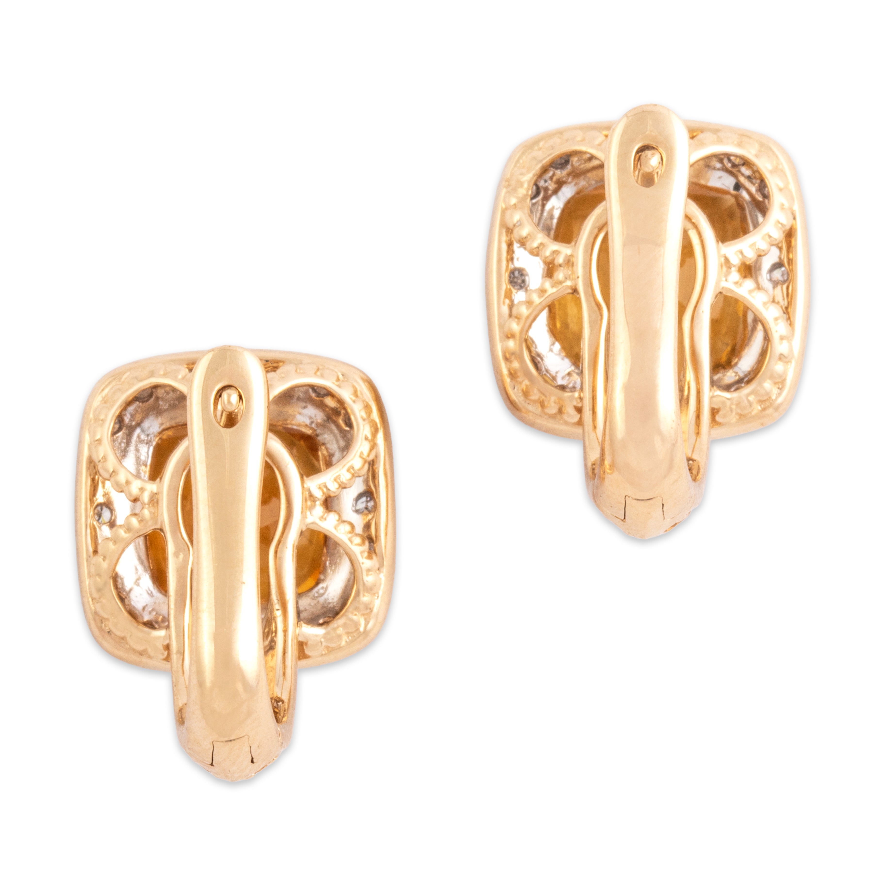 Vintage 14k Yellow Gold 5.87cttw Citrine Diamond Checkerboard Cushion Halo Hoop Earrings - Back view