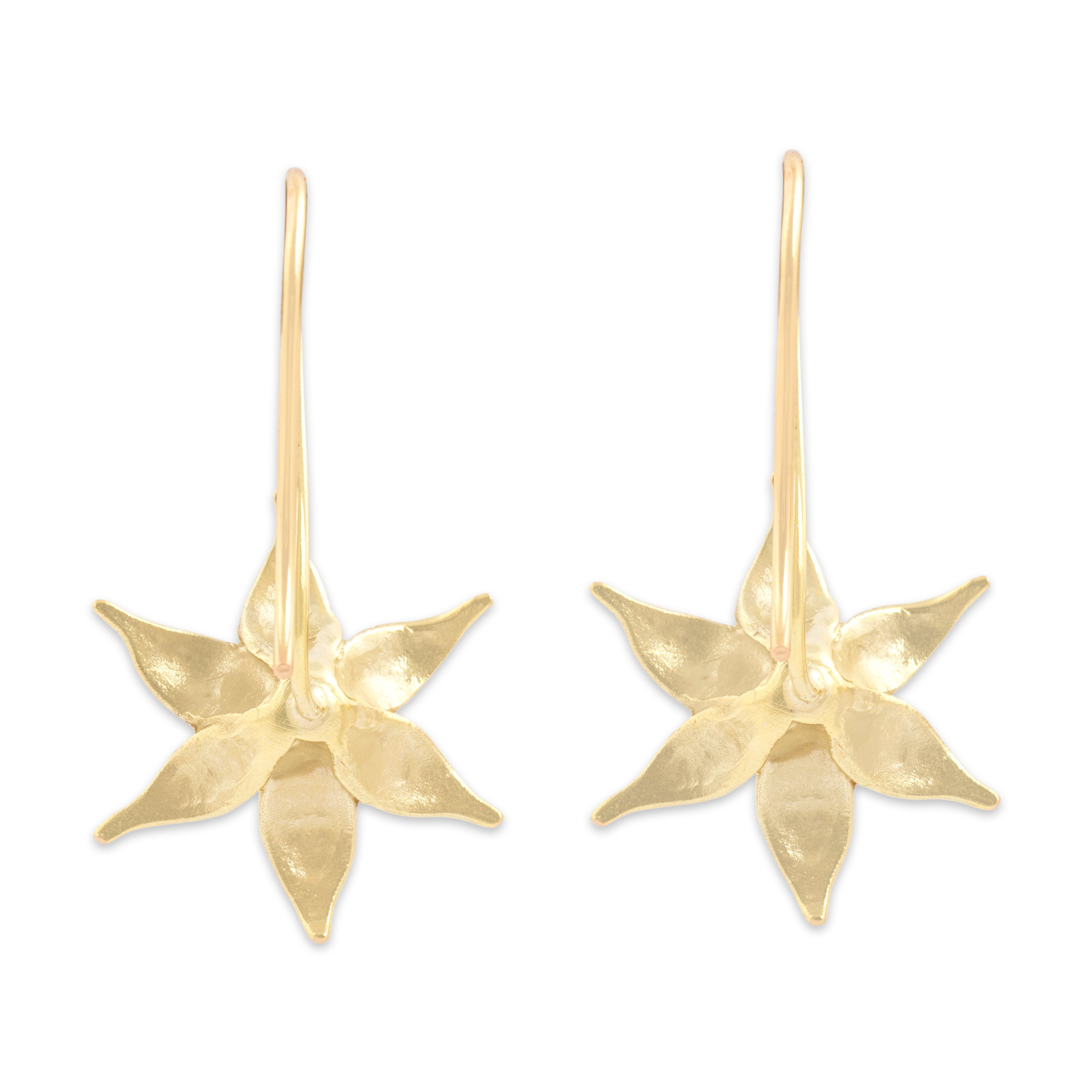 Vintage 14k Yellow Gold Elegant Sculptural Lily Flower Drop Earrings - Back view