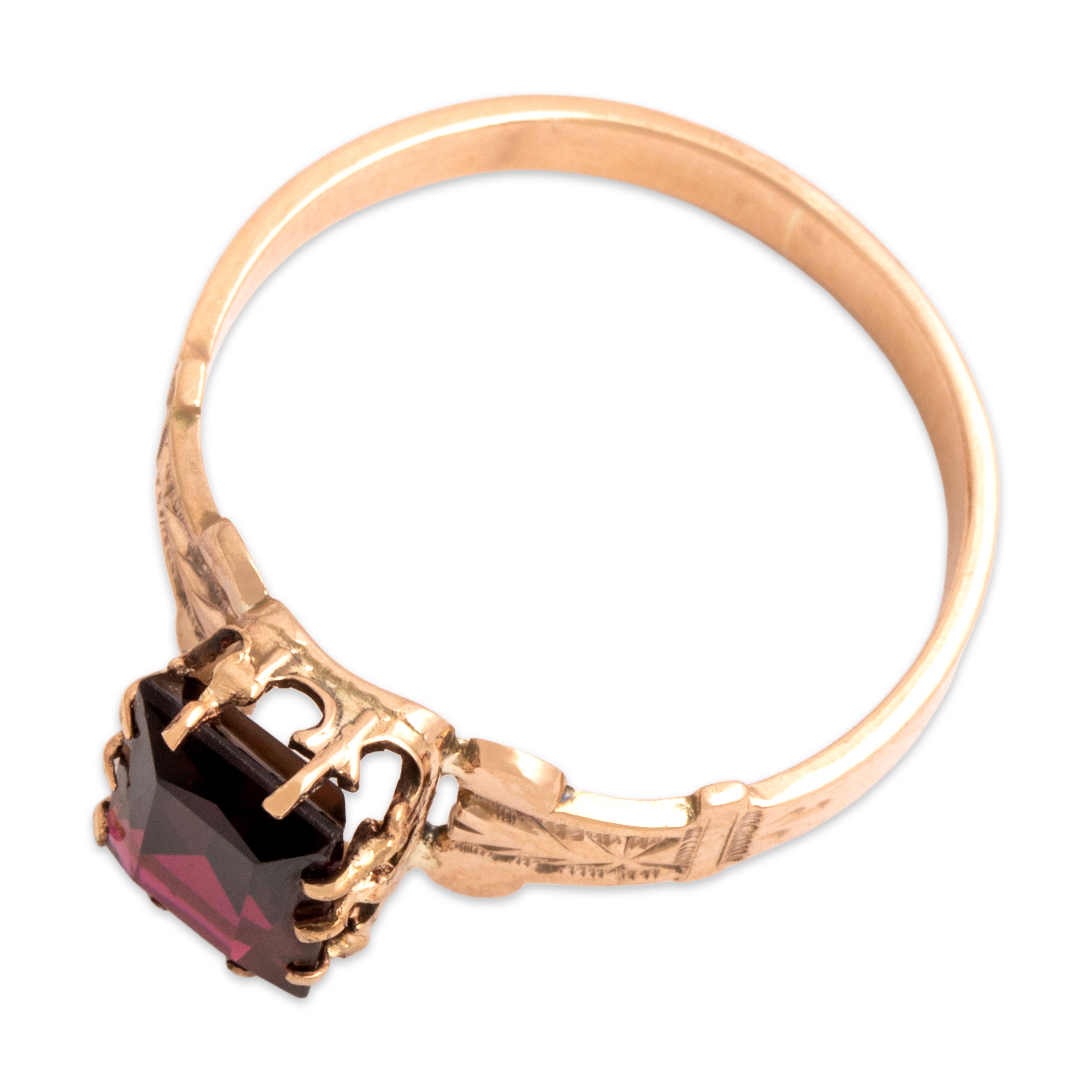 Antique Victorian 10k Rosy Yellow Gold 1.56ct Dark Pink Garnet Fantastic Decorated Carved Ring - Overall view