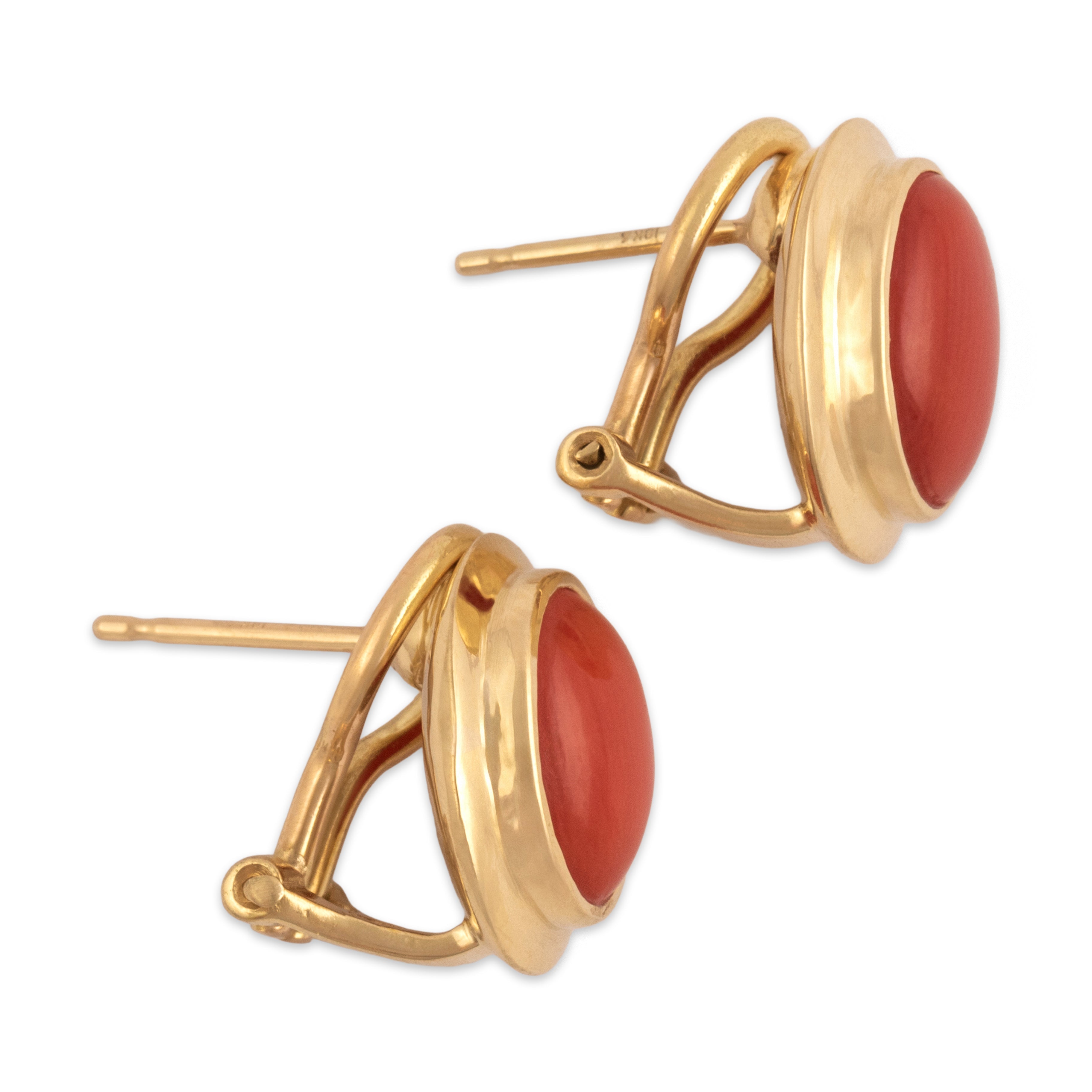 Vintage Italian 18k Yellow Gold Coral Refined Framed Oval Earrings - Side view