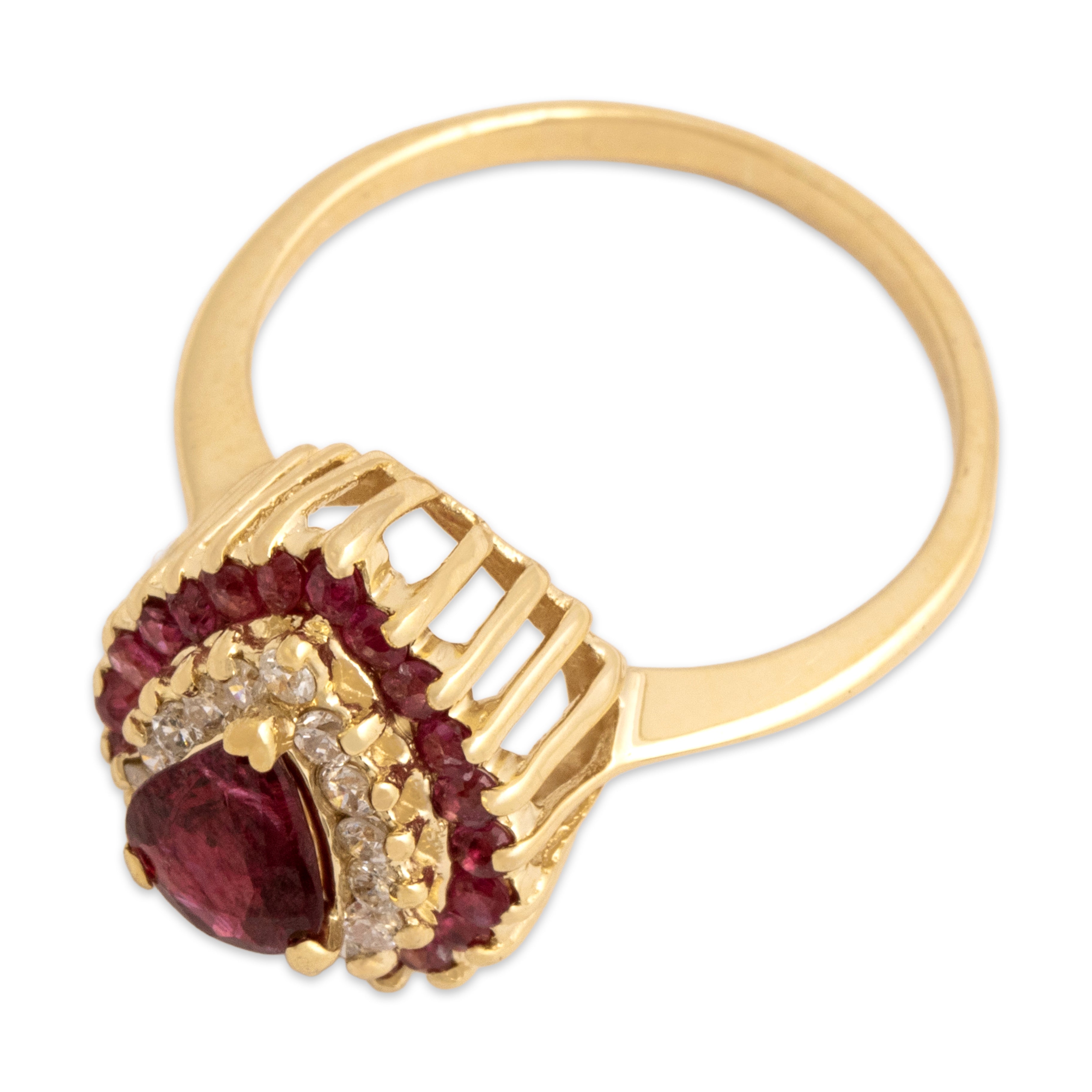 Vintage 14k Yellow Gold .7cttw Ruby Diamond Double Halo Pear Ring - Overall view