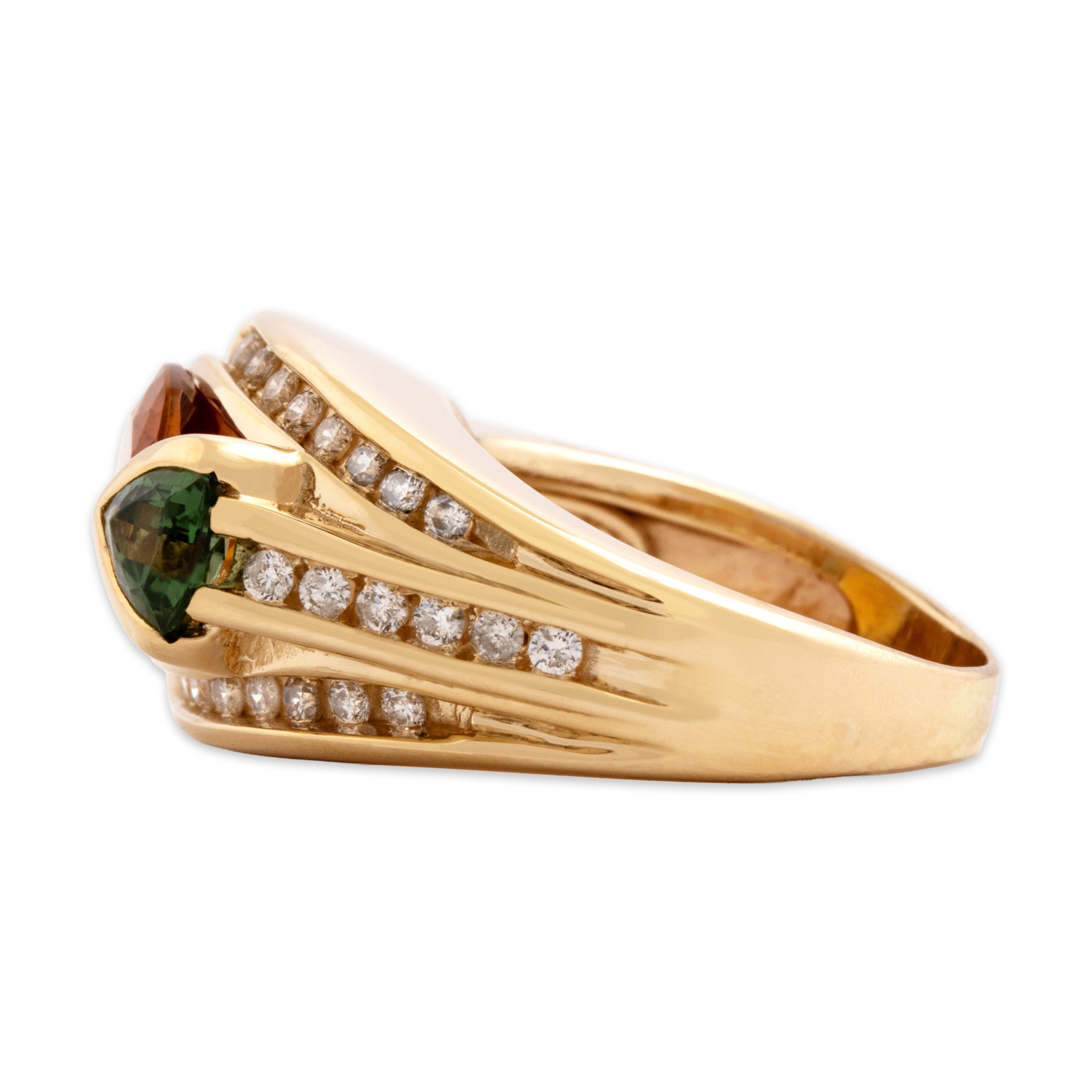 Vintage 14k Yellow Gold 2.03ct Citrine Green Tourmaline Diamond Bold Geometric Curve Ring - Side view