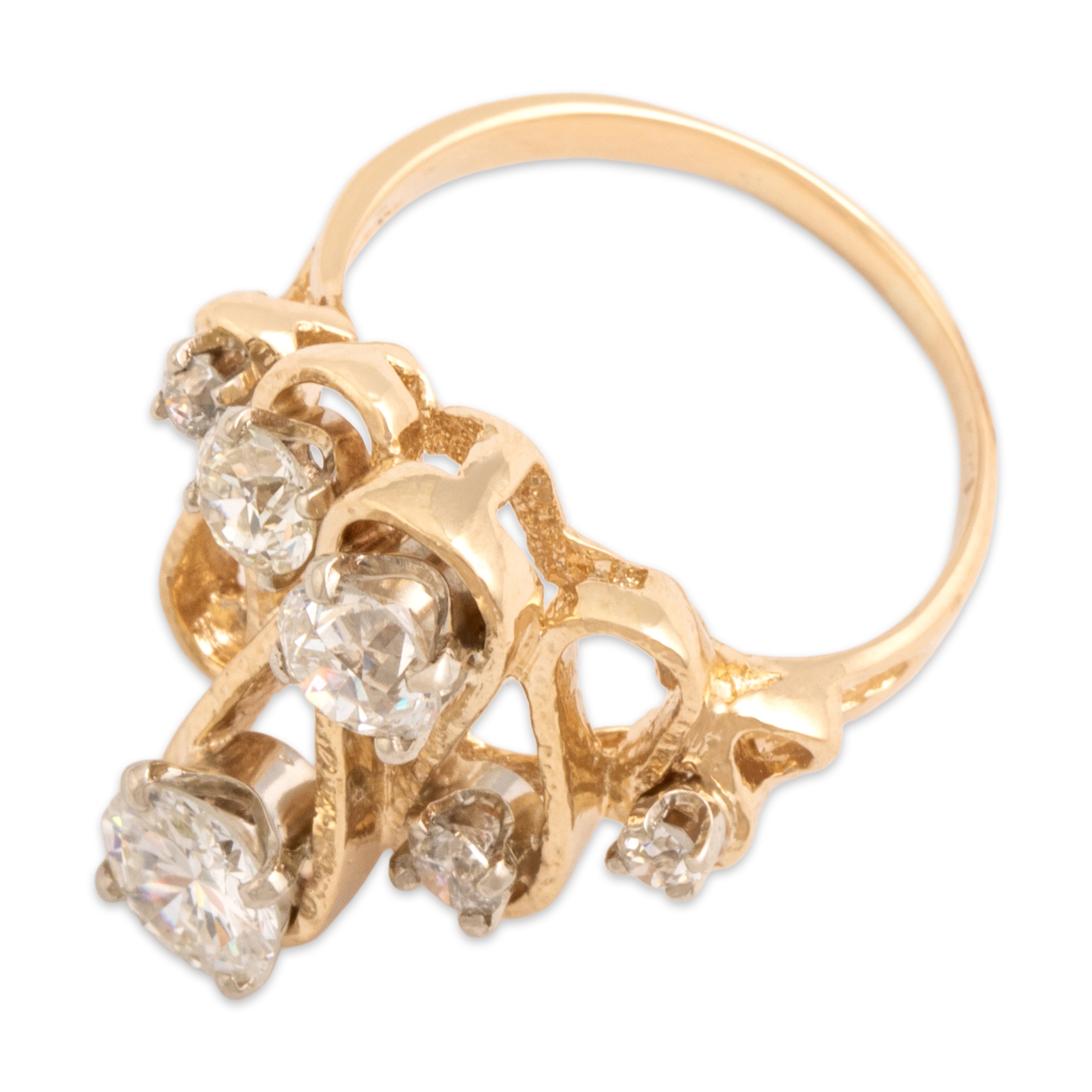 Vintage 14k Yellow Gold 1.75cttw Old European Old Mine Cut Diamond Exceptional Textured Glittering Ribbon Ring - Overall view
