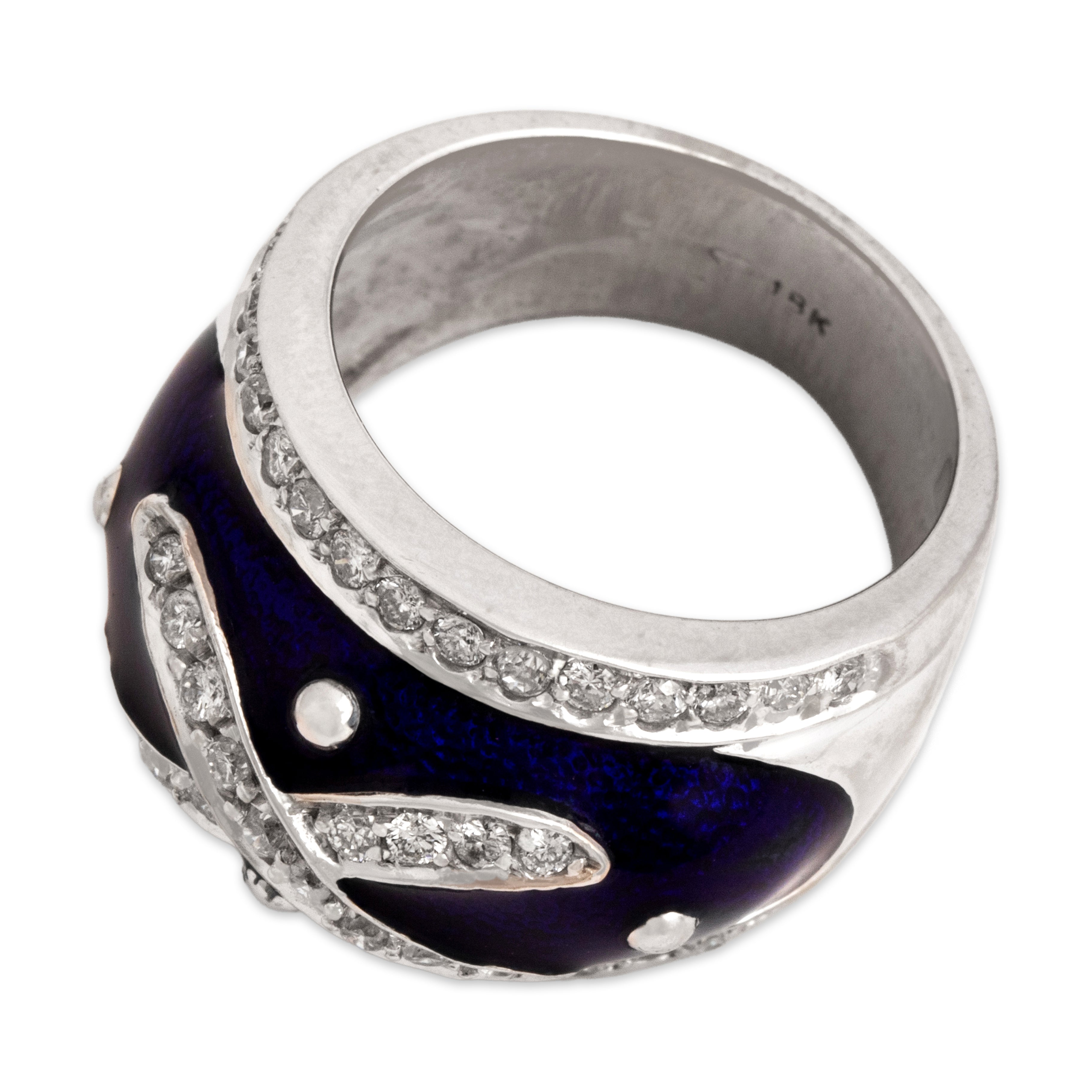 Vintage 18k White Gold Diamond Domed Blue Enamel Criss-Cross Band Ring - Overall view
