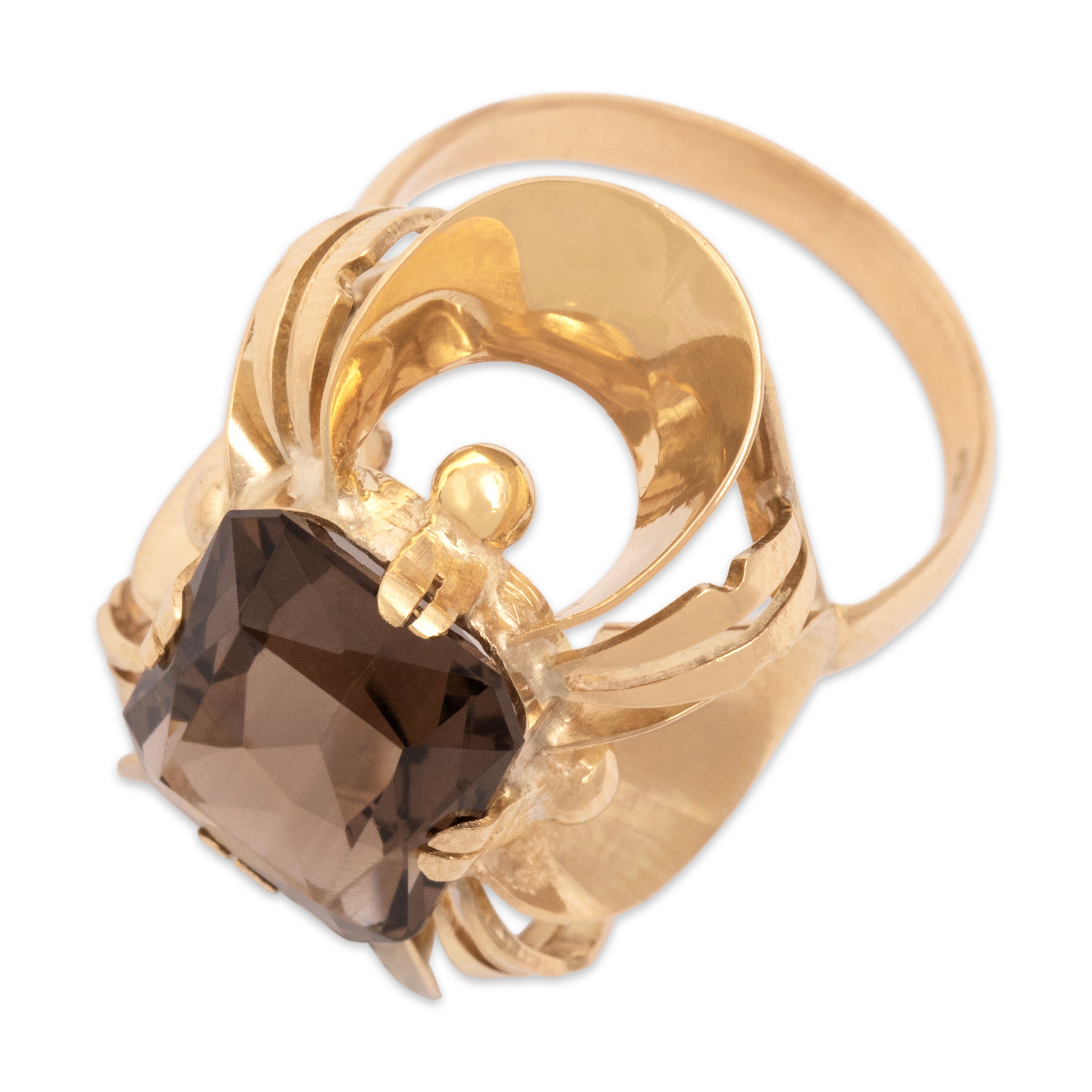 Vintage 14k Yellow Gold 5.12ct Smoky Quartz Bold Artistic Setting Cocktail Ring - Overall view