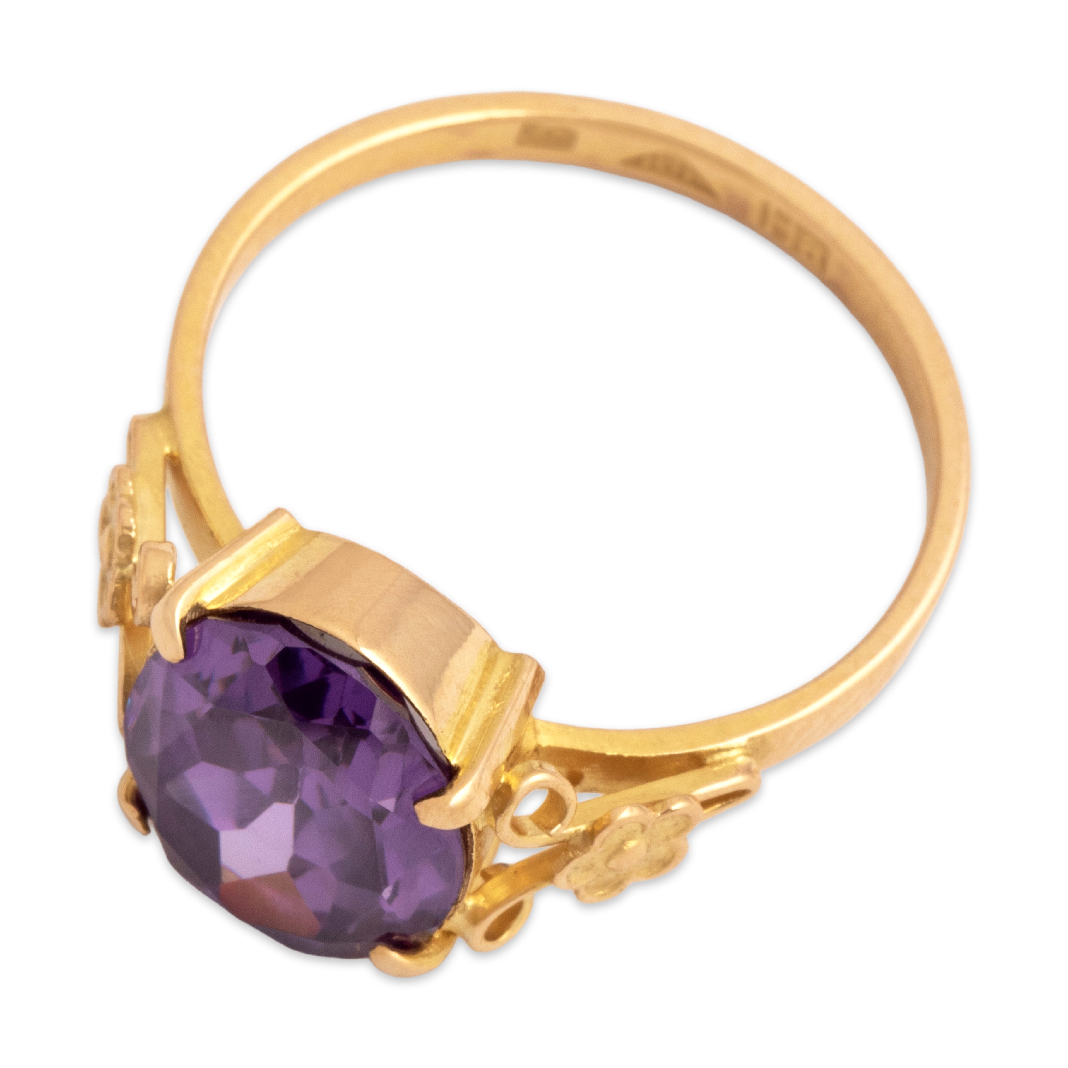 Vintage 18k Yellow Gold 4.13ct Purple Synthetic Garnet Playful Floral Shoulder Ring - Overall view