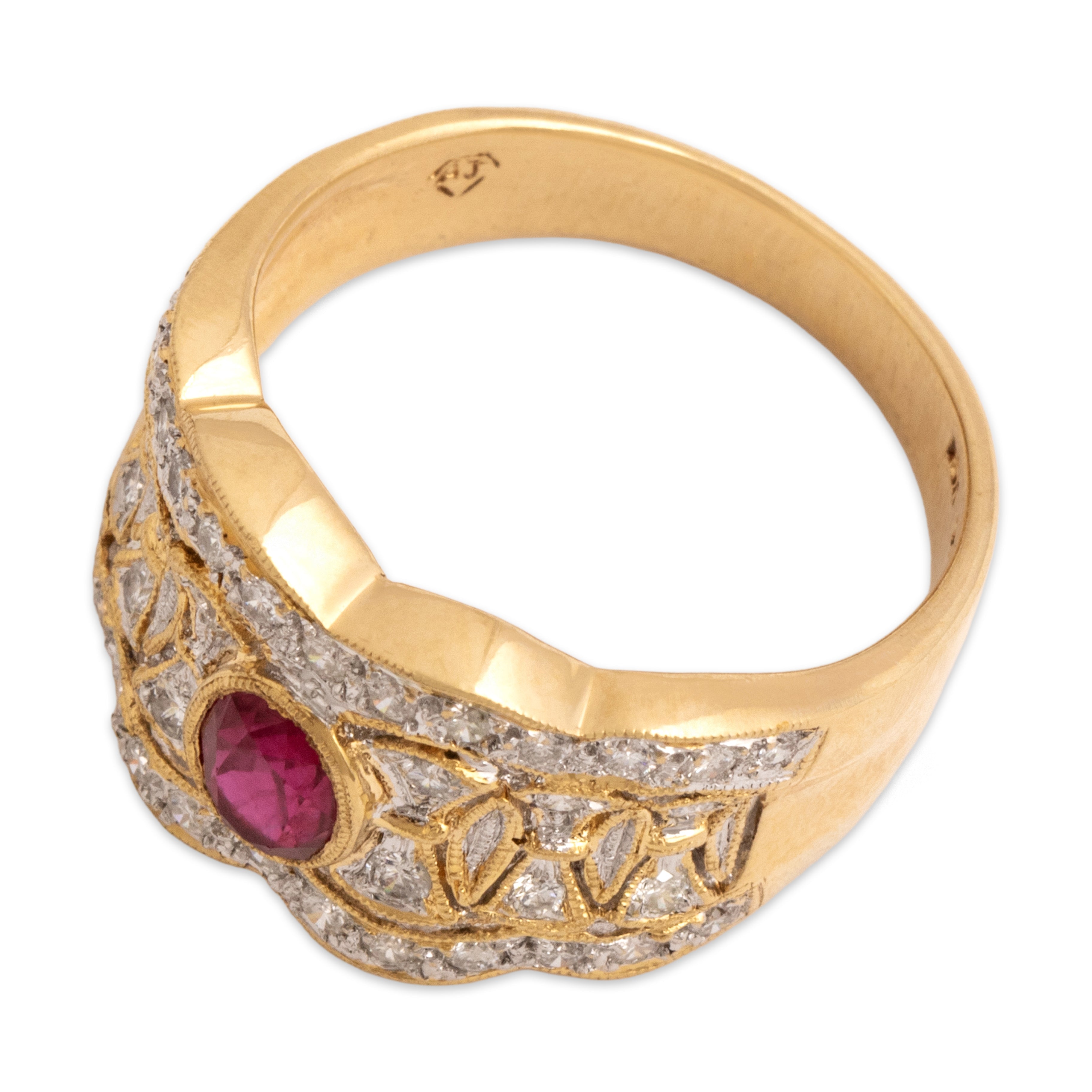 Vintage 18k Yellow & White Gold .52ct Ruby Diamond Sophisticated Scalloped Milgrain Wide Band Ring - Overall view
