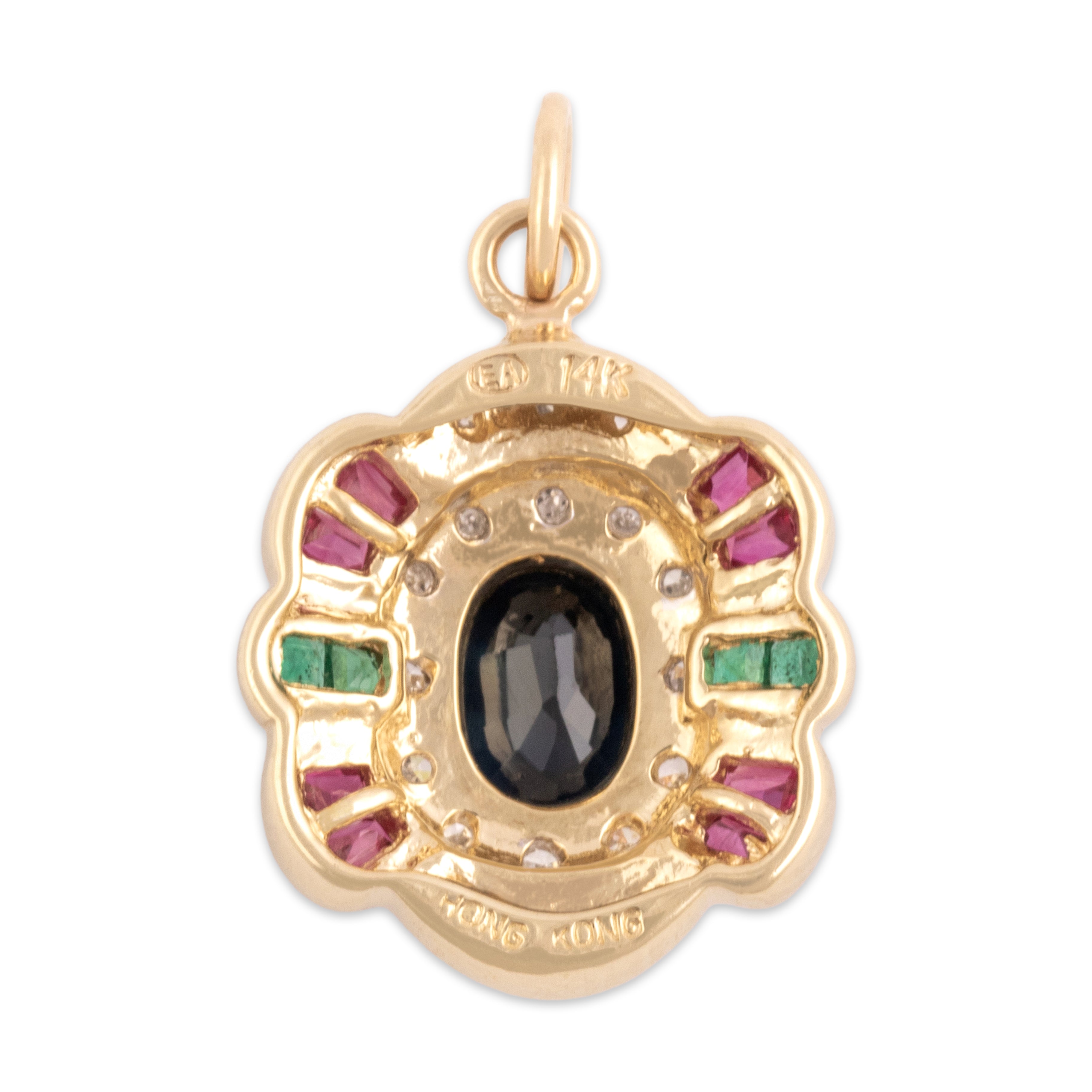 Vintage 14k Yellow Gold .89ct Sapphire Ruby Diamond Emerald Dazzling Scallop-Detail Pendant - Back view