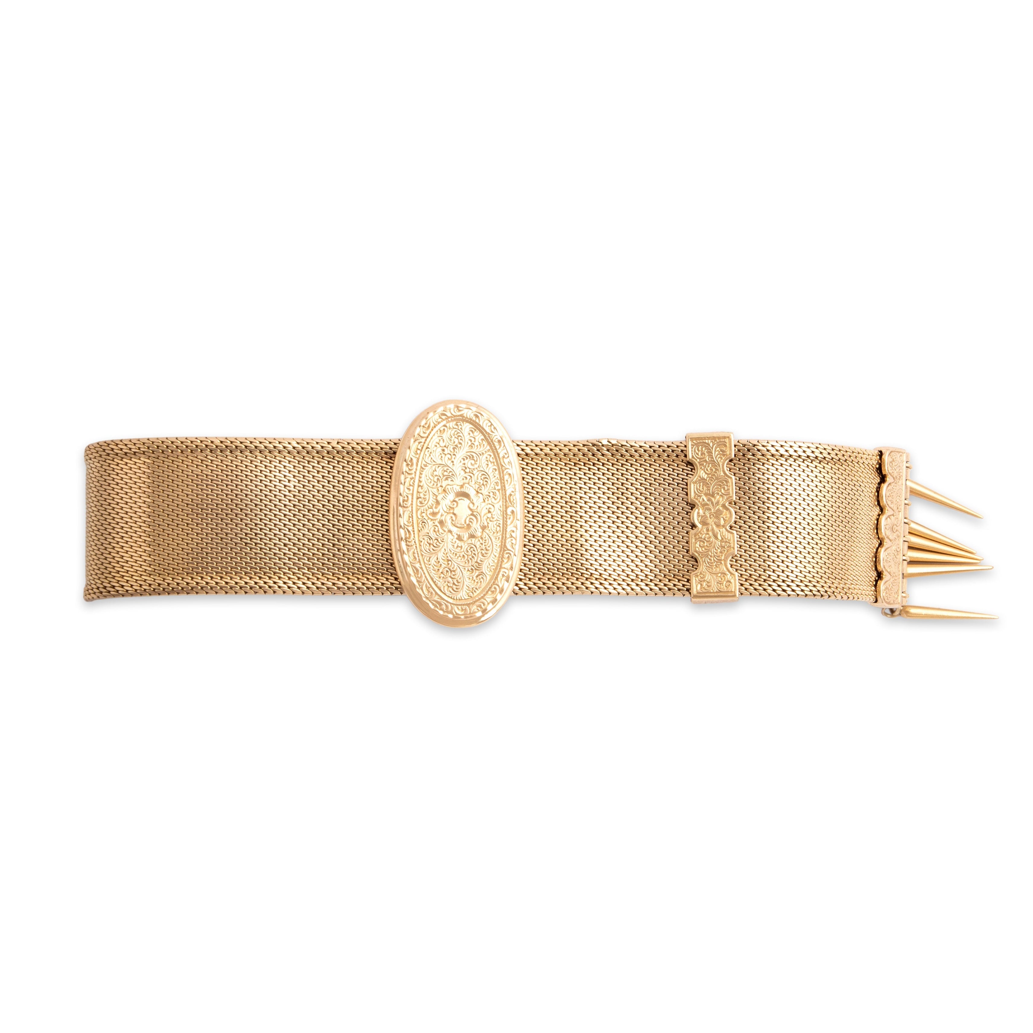 Antique Victorian Substantial 14k Yellow Gold Fantastic Hand-Engraved Slide Mesh Chain Fringe Adjustable Bracelet - detail view #2