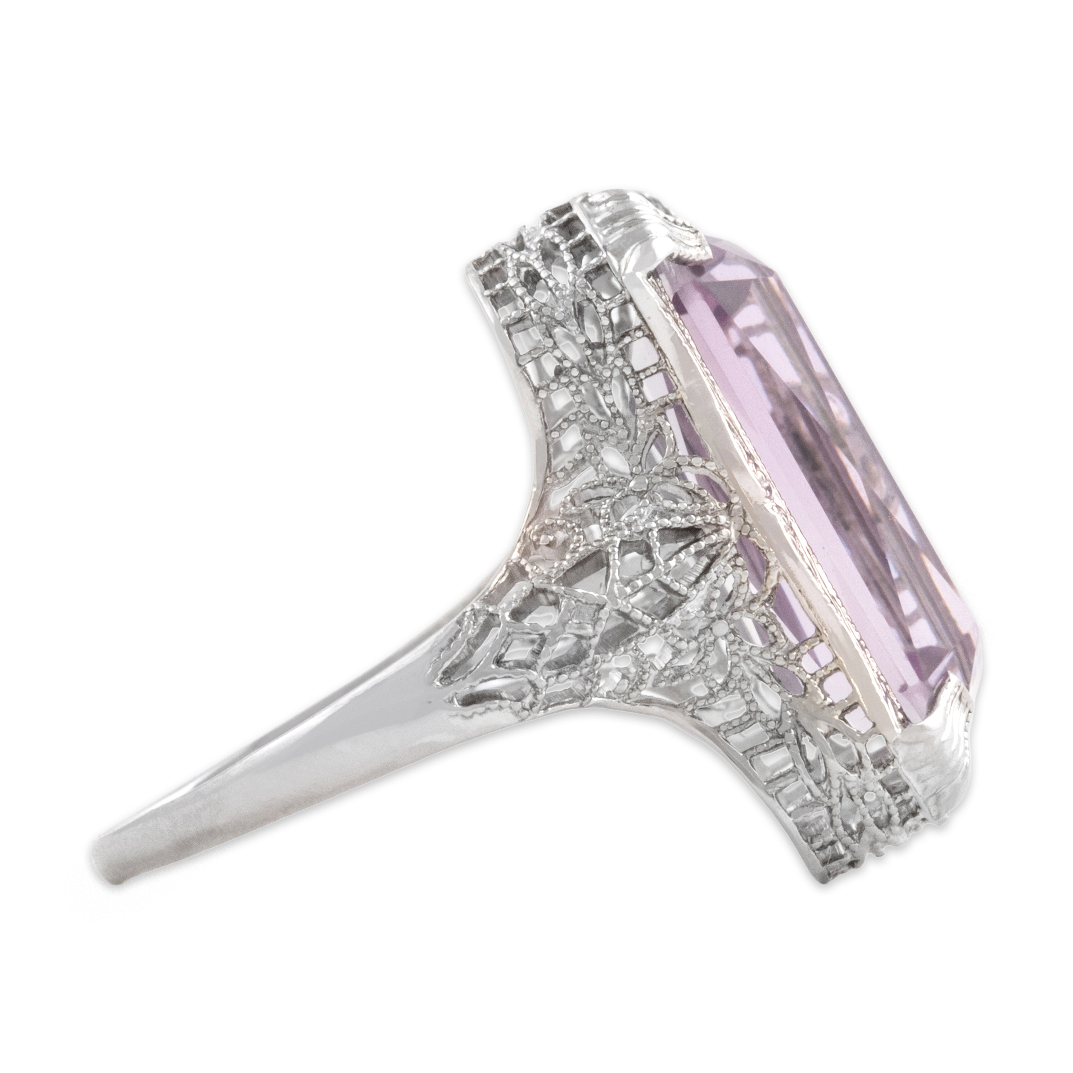 Antique Art Deco 14k White Gold 5.55ct Amethyst Incredible Elongated Milgrain Openwork Ring - Side view