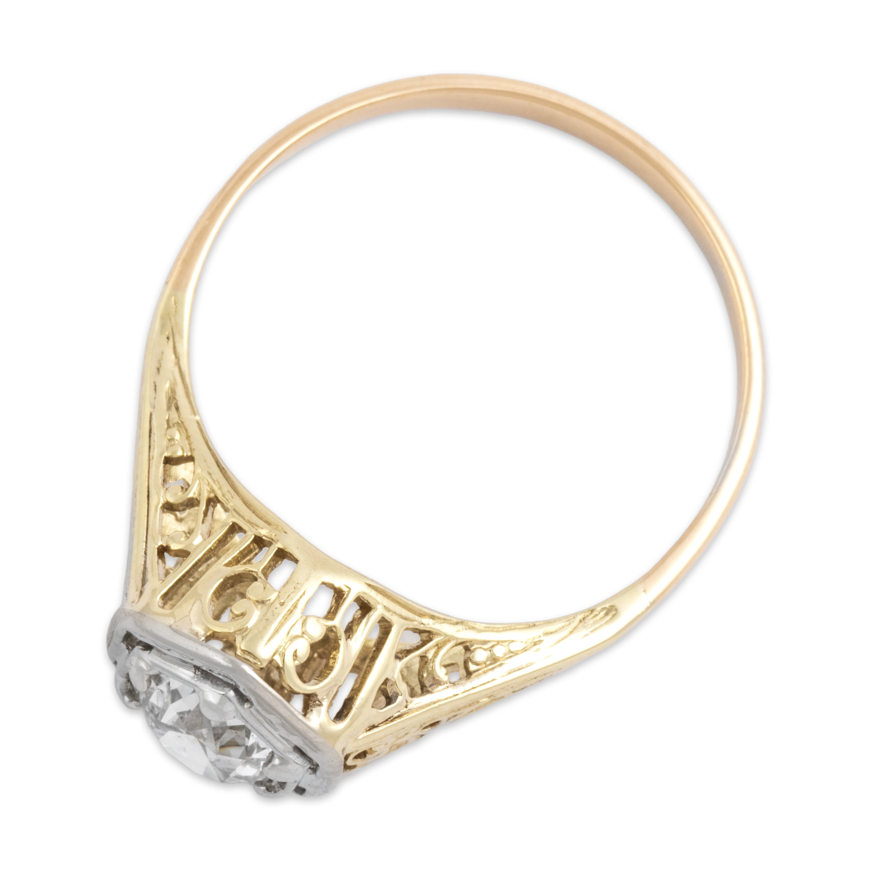 Antique Art Deco 14k Yellow & White Gold .74ct Old European Cut Diamond Incredible Hexagonal Openwork Solitaire Ring - Overall view