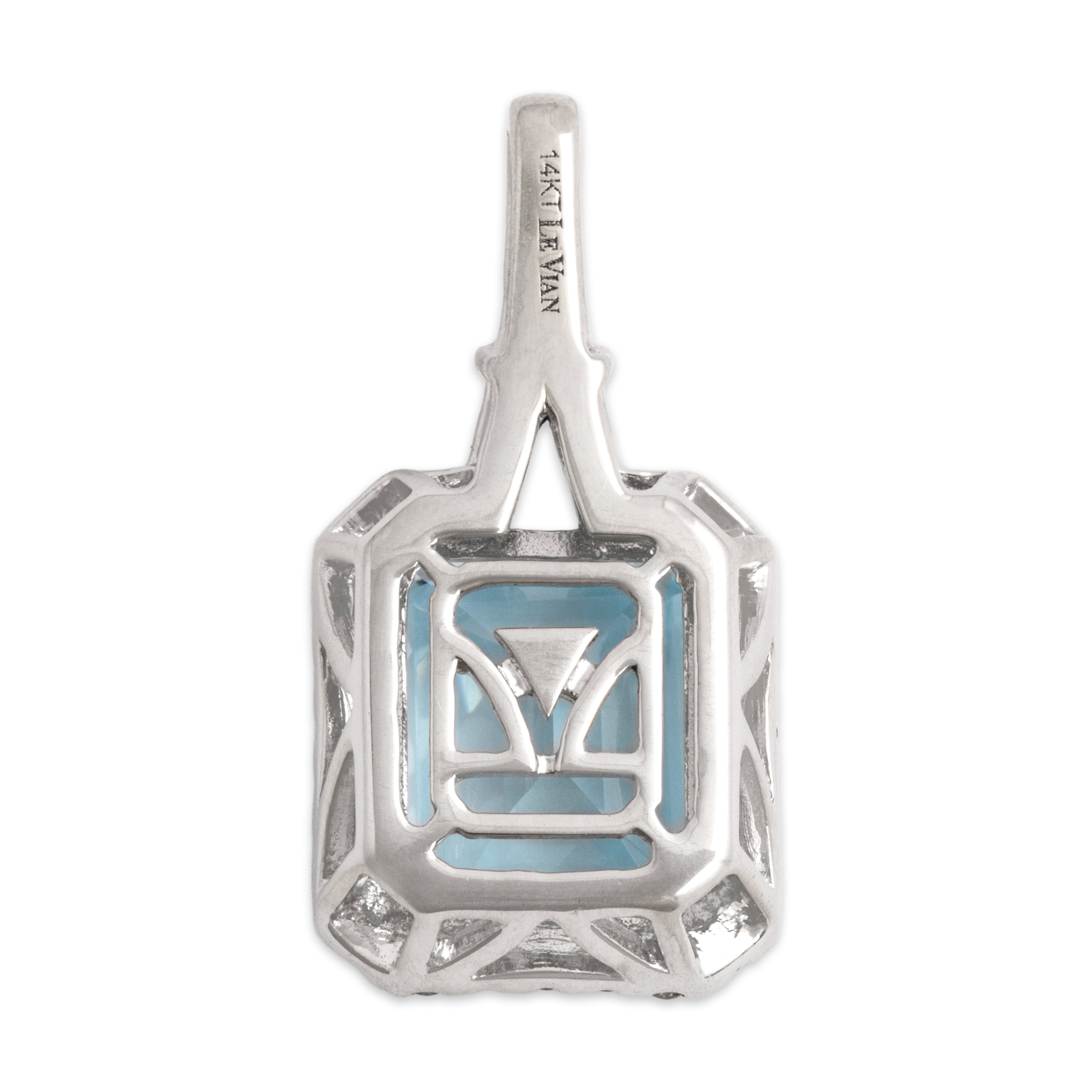Estate 14k White Gold 6.4ct Blue Topaz Champagne Diamond Chocolate Diamond Sophisticated Adorned Halo Pendant - Back view