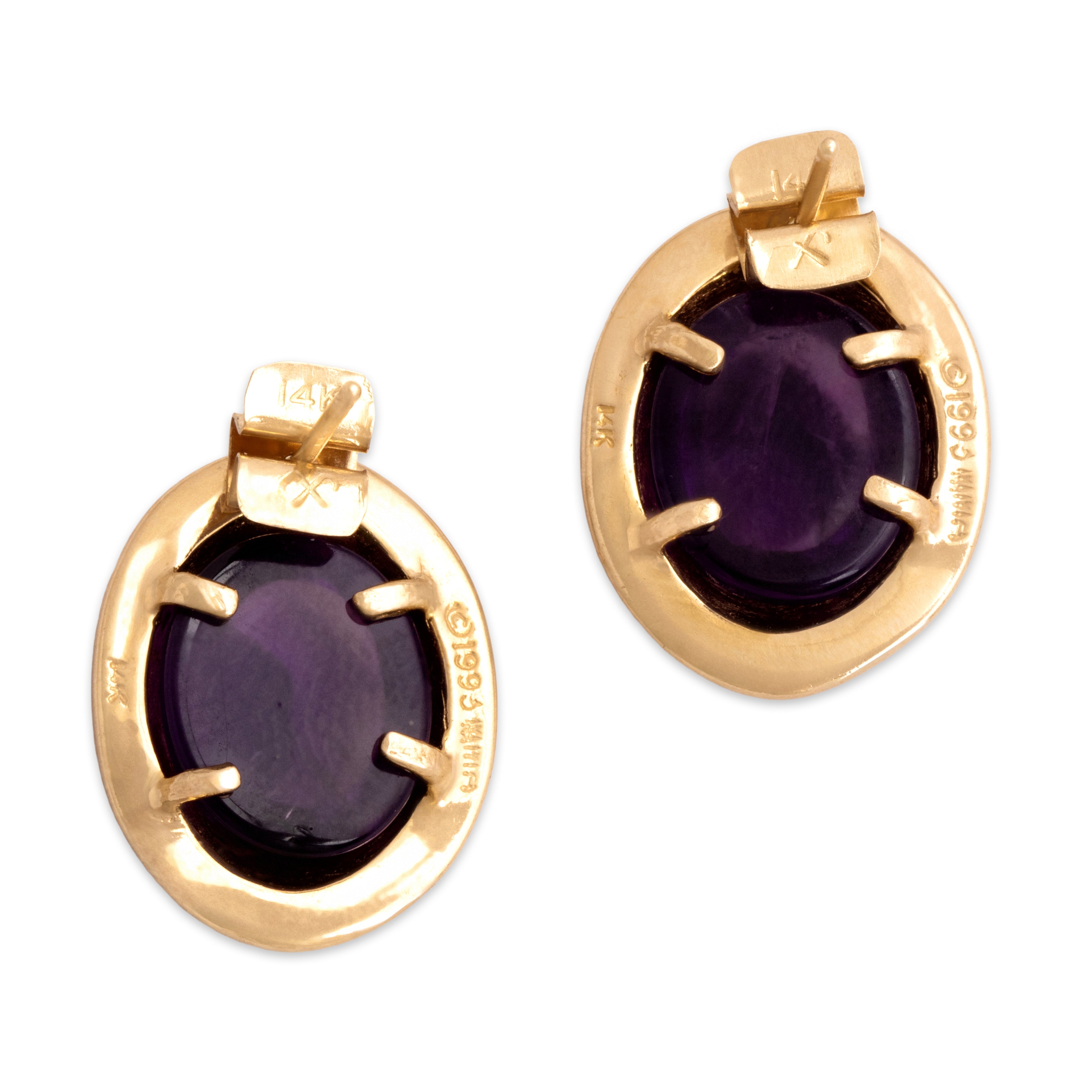 Vintage Large 14k Yellow Gold 9.26cttw Amethyst Framed Cabochon Stud Earrings - Back view