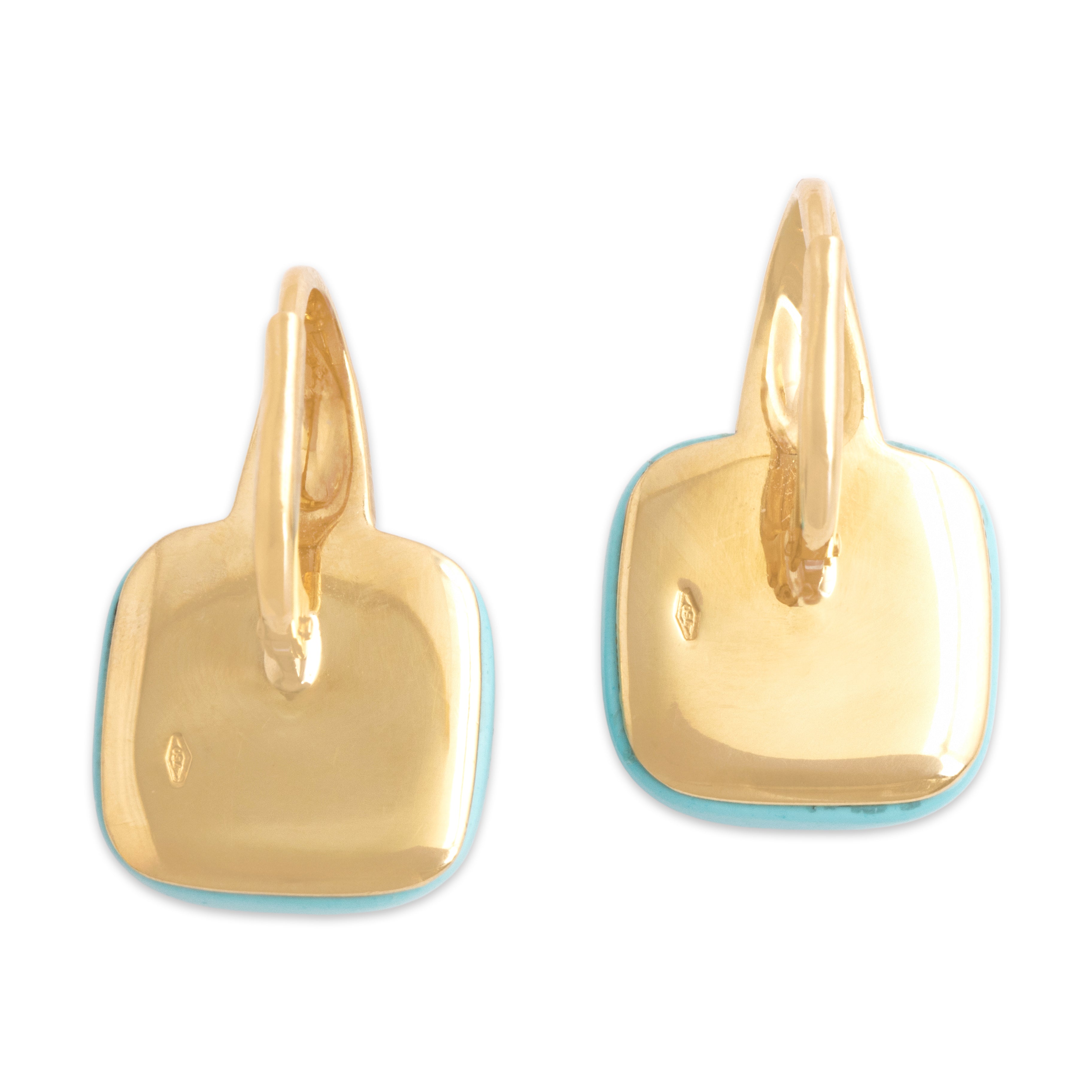 Vintage 18k Yellow Gold 17.08cttw Robin's Egg Blue Turquoise Diamond Spectacular Cushion Cabochon Dangle Earrings - Back view
