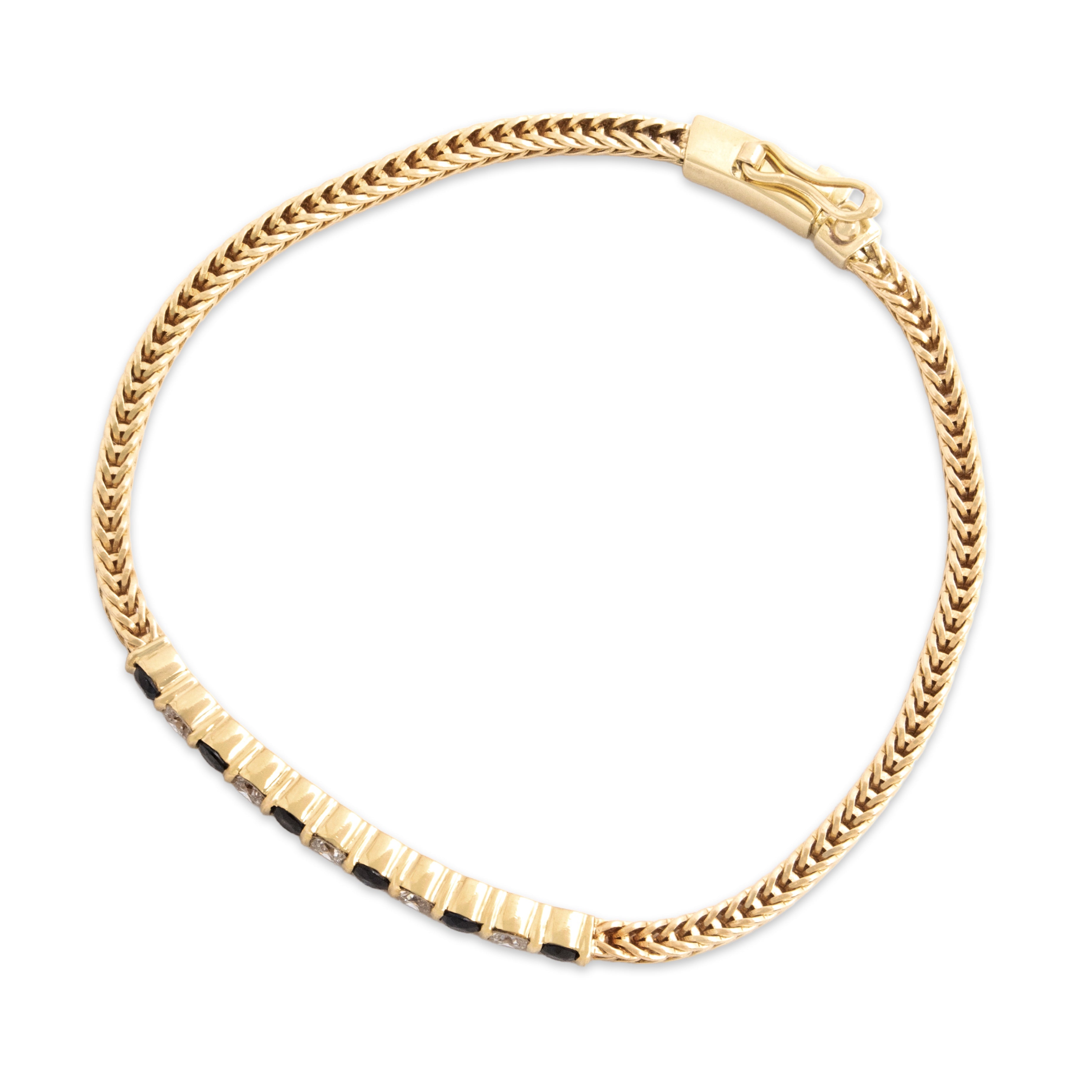 Vintage 18k Yellow Gold .58cttw Blue Sapphire Diamond Sparkling Line Foxtail Link Bracelet - detail view #1