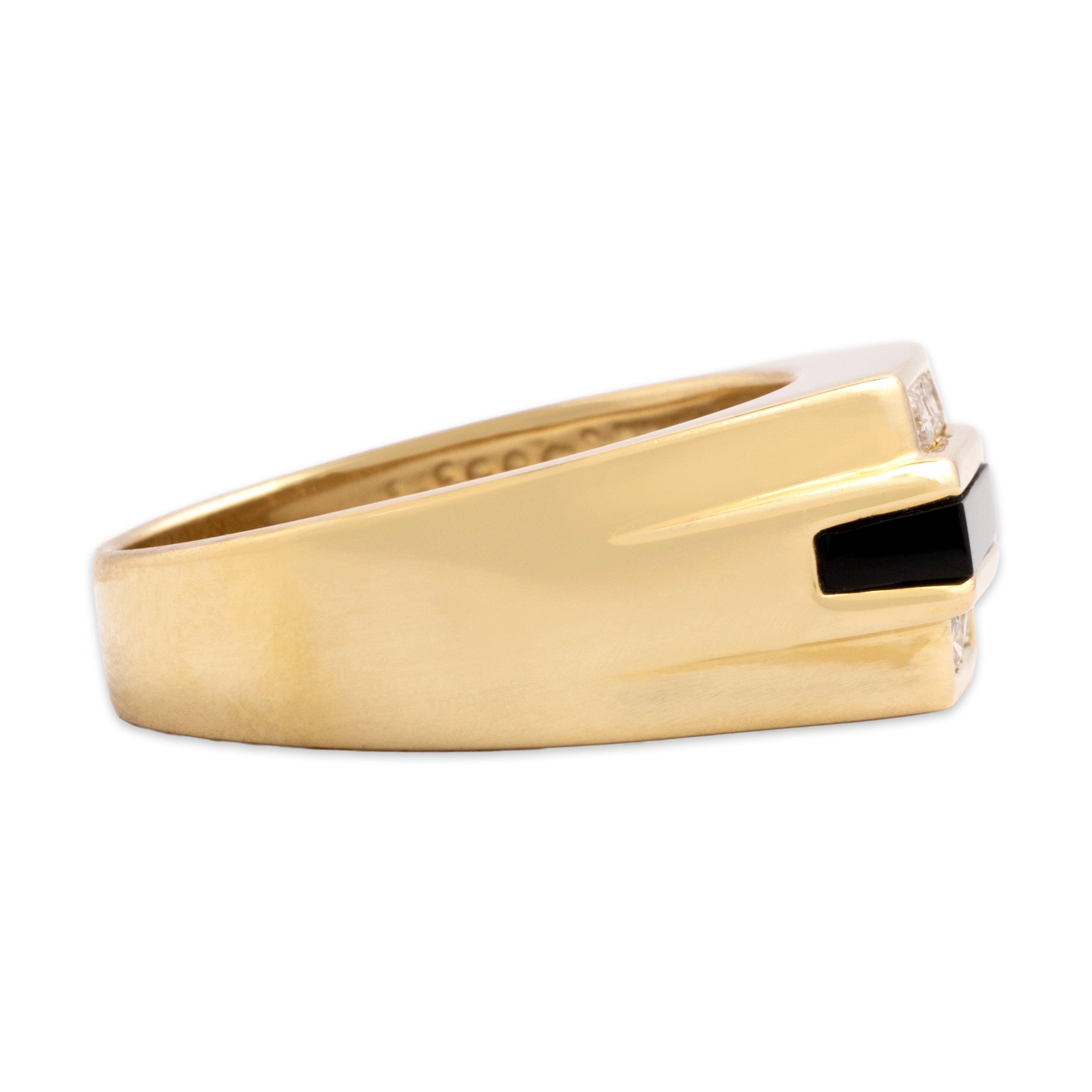Vintage Heavy 14k Yellow Gold Diamond Onyx Geometric Channel Ring - Side view