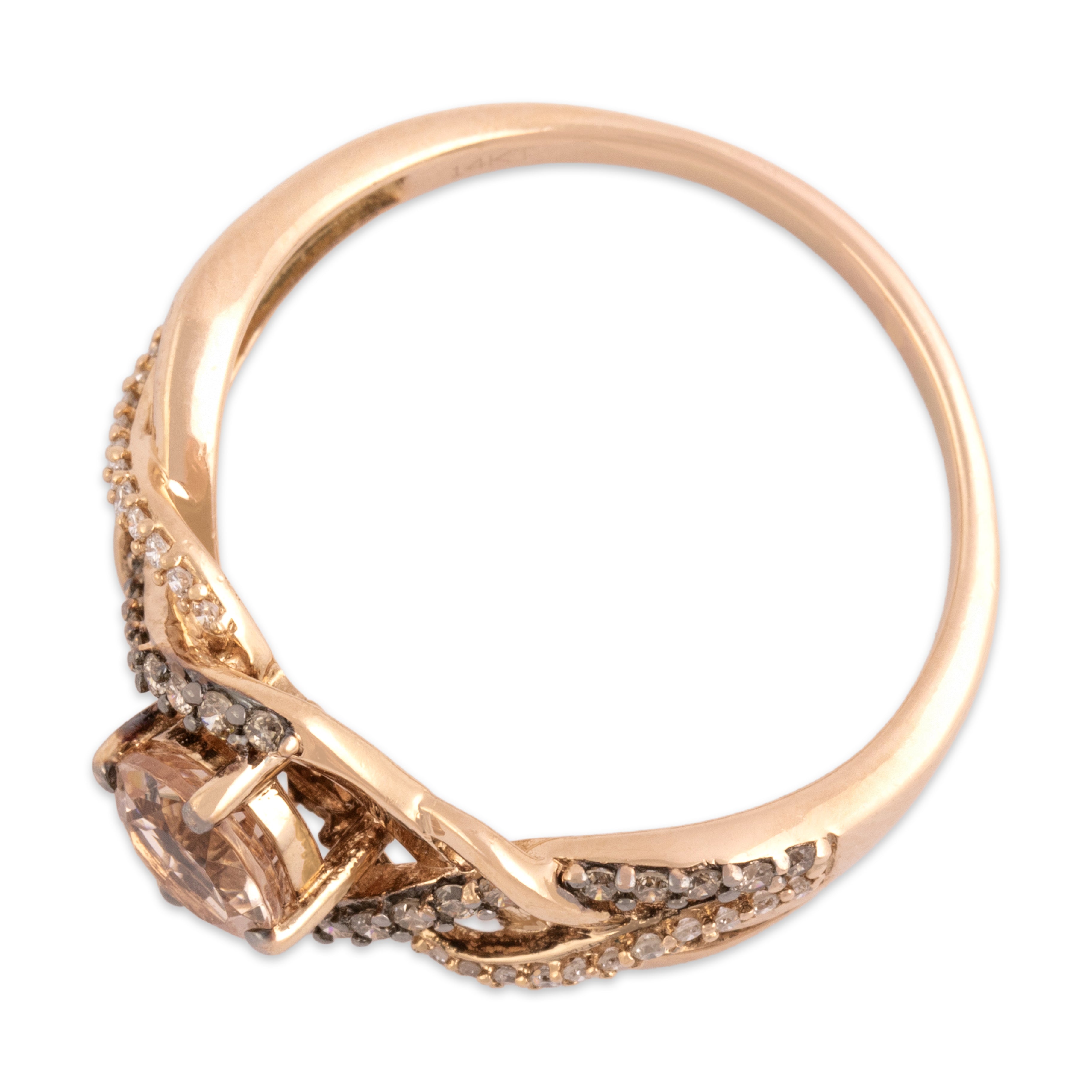 Estate 14k Rose Gold .7ct Morganite Champagne Diamond White Diamond Sparkling Intertwined Shoulder Ring - Overall view