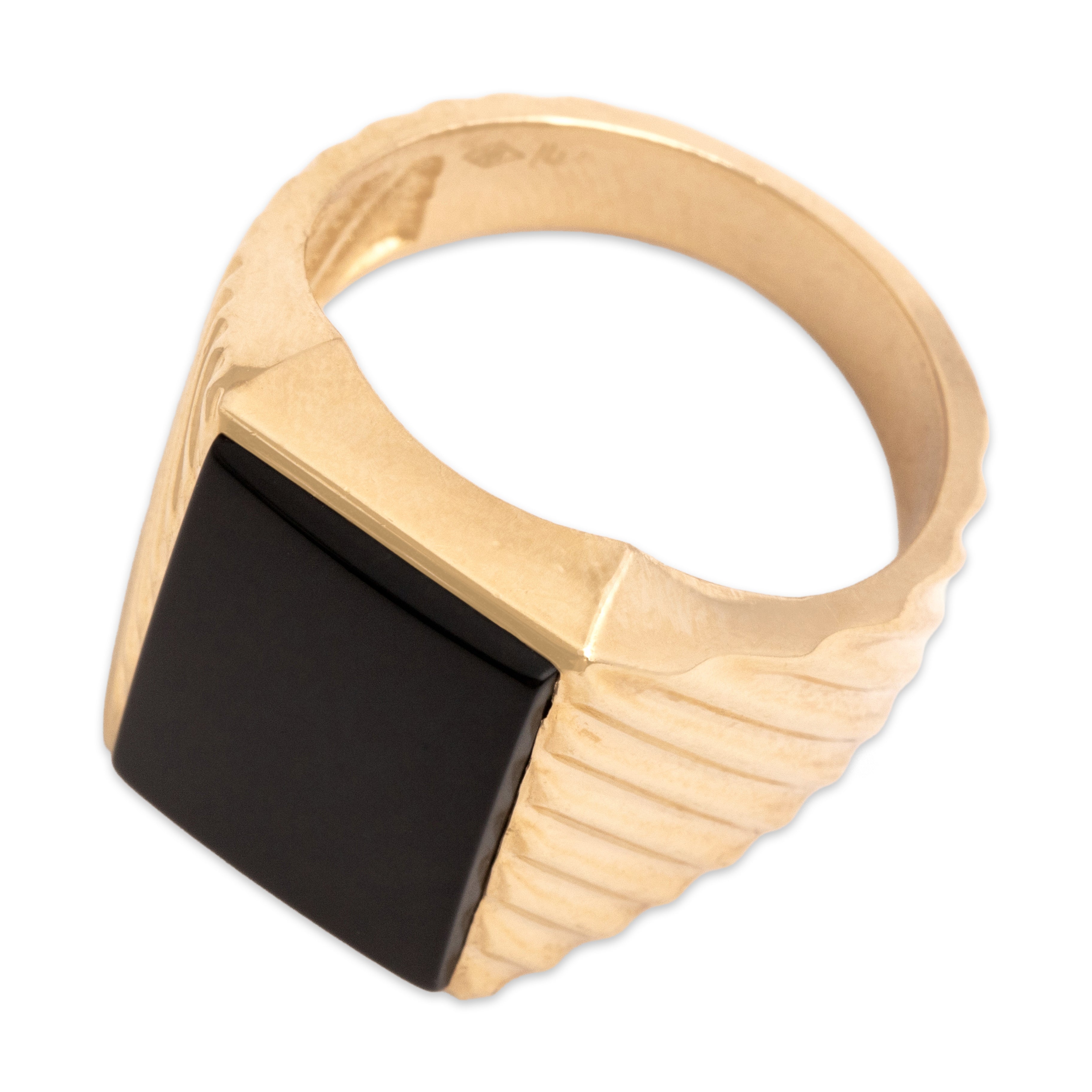 Vintage Heavy 14k Yellow Gold 3.53ct Onyx Diagonal Ribbed Rectangle Ring - Overall view