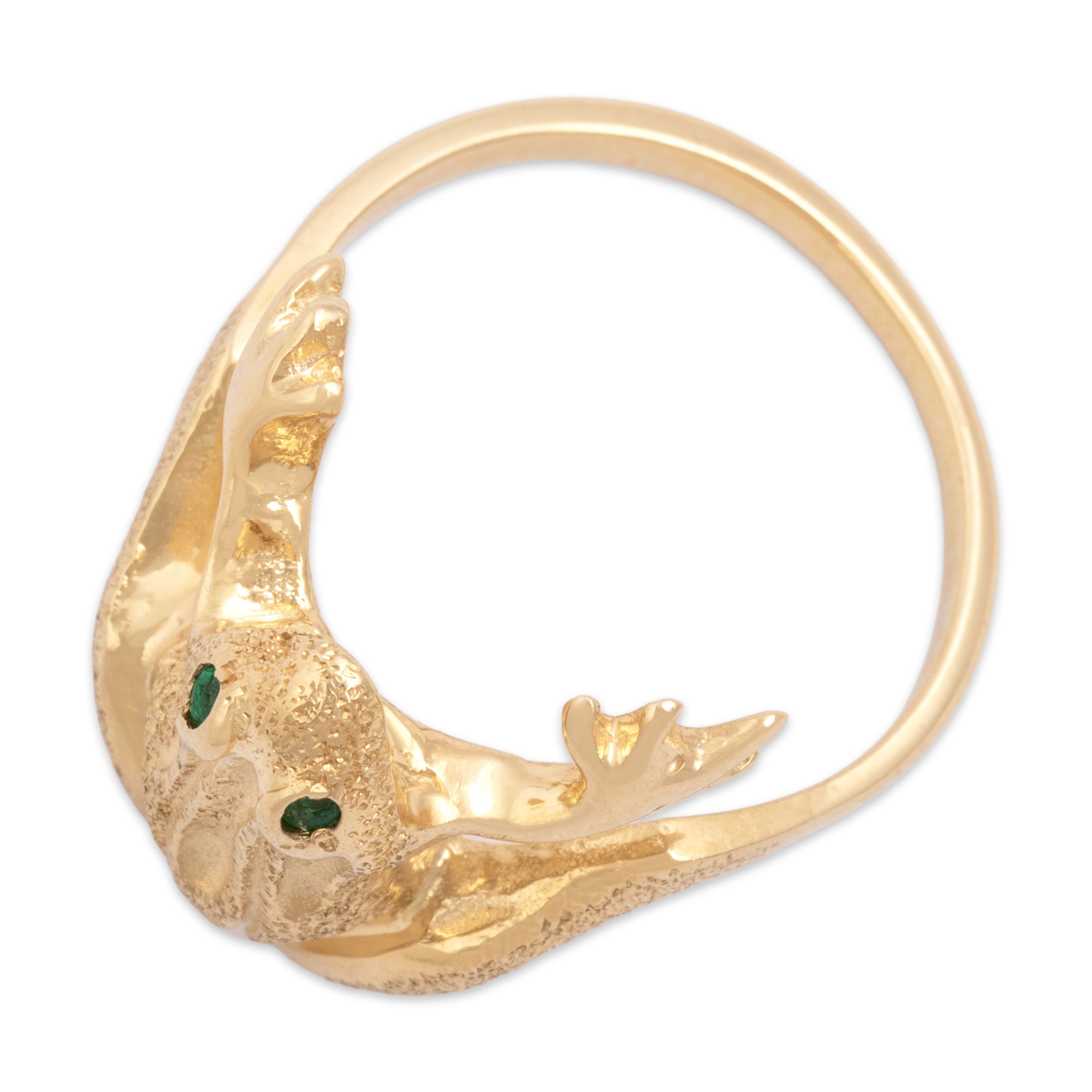 Vintage 14k Yellow Gold Emerald Glittering Hugging Tree Frog Ring - Overall view