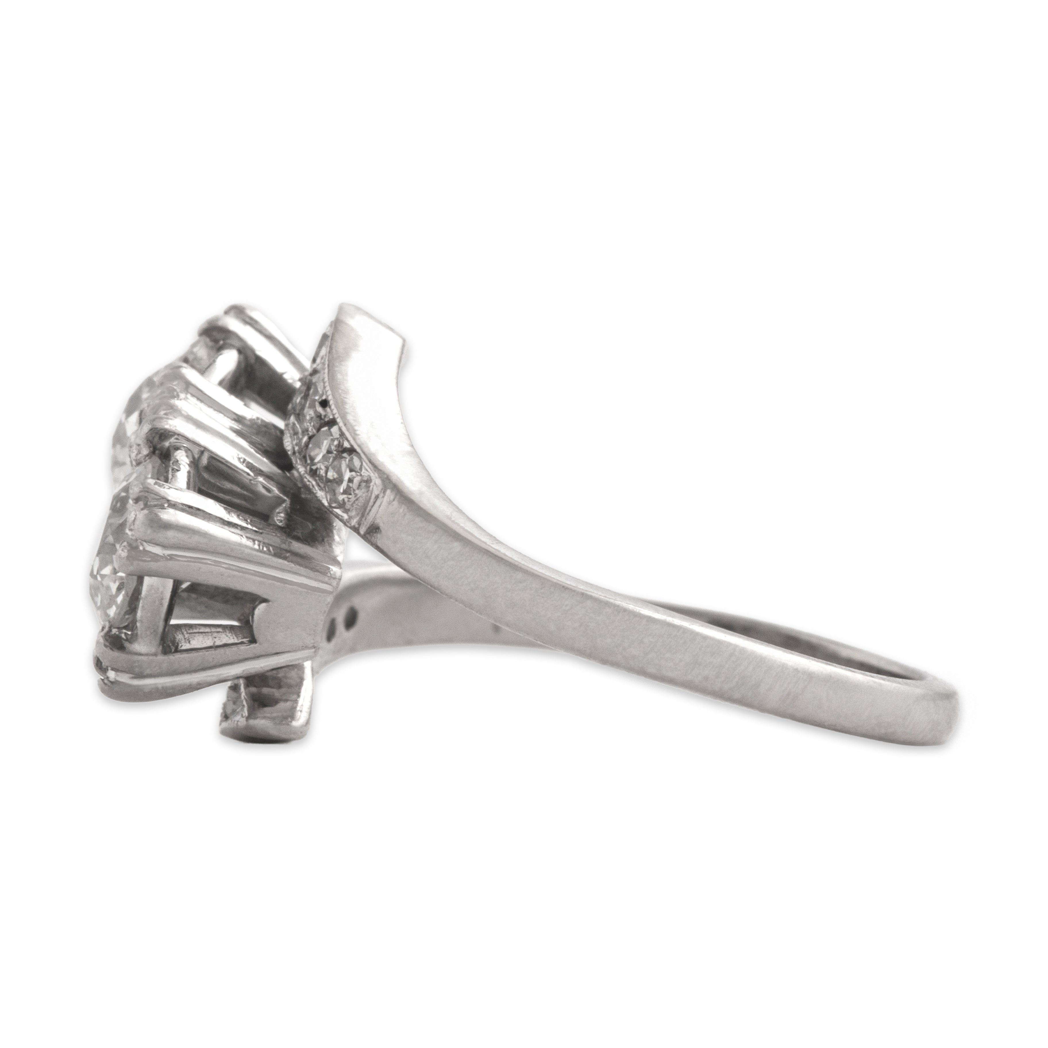 Antique 14k White Gold 1.22cttw Old European Cut Diamond Superb Toi Et Moi Bypass Ring - Side view