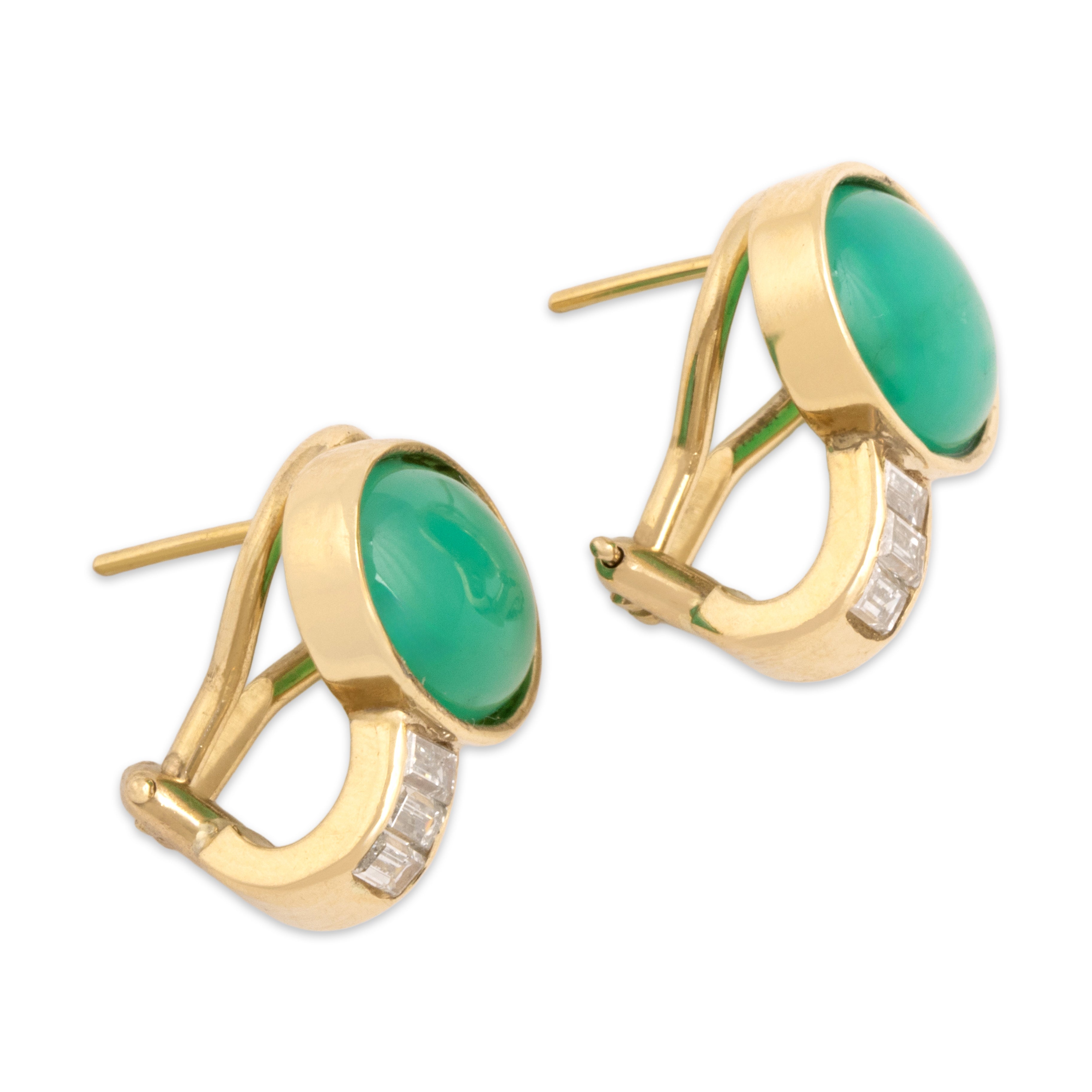 Vintage 14k Yellow Gold 4.65cttw Green Chalcedony .51cttw Diamond Elegant Flashing Bezel Drop Omega Back Earrings - Side view