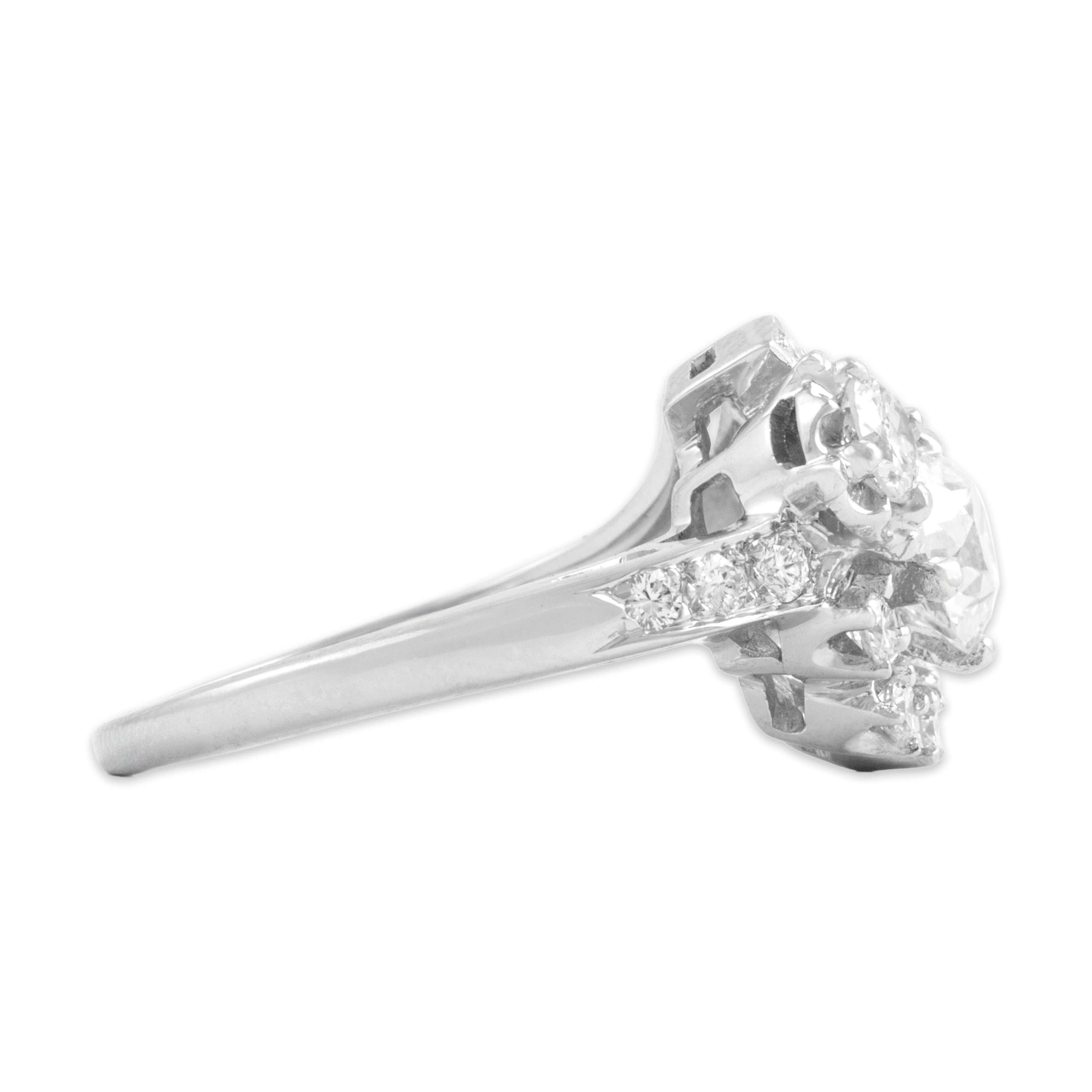 Vintage 14k White Gold 1.17cttw Old European Cut Diamond Superb Dazzling Cluster Ring - Side view