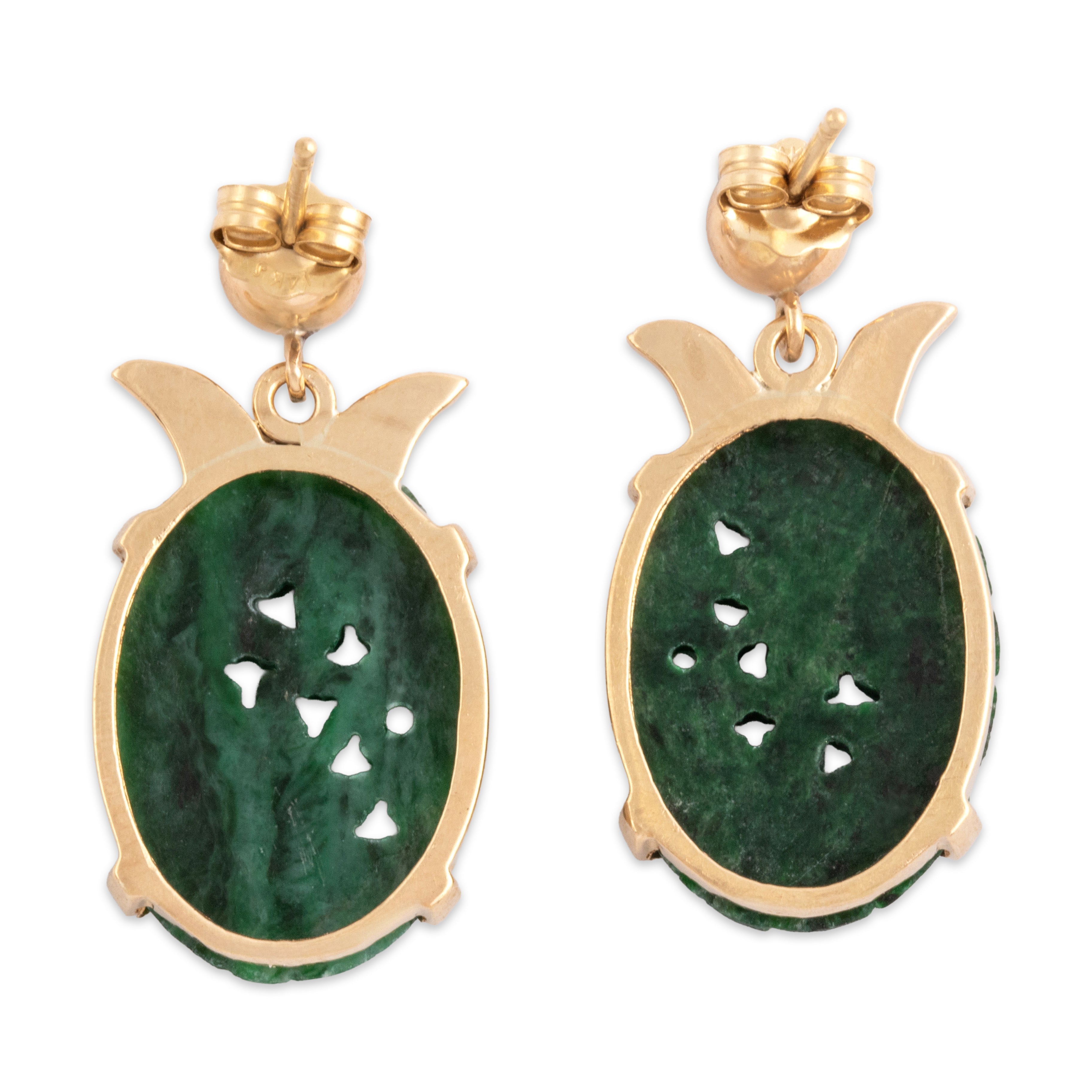 Vintage 14k Yellow Gold Jade Artistic Floral Carved Dangle Earrings - Back view