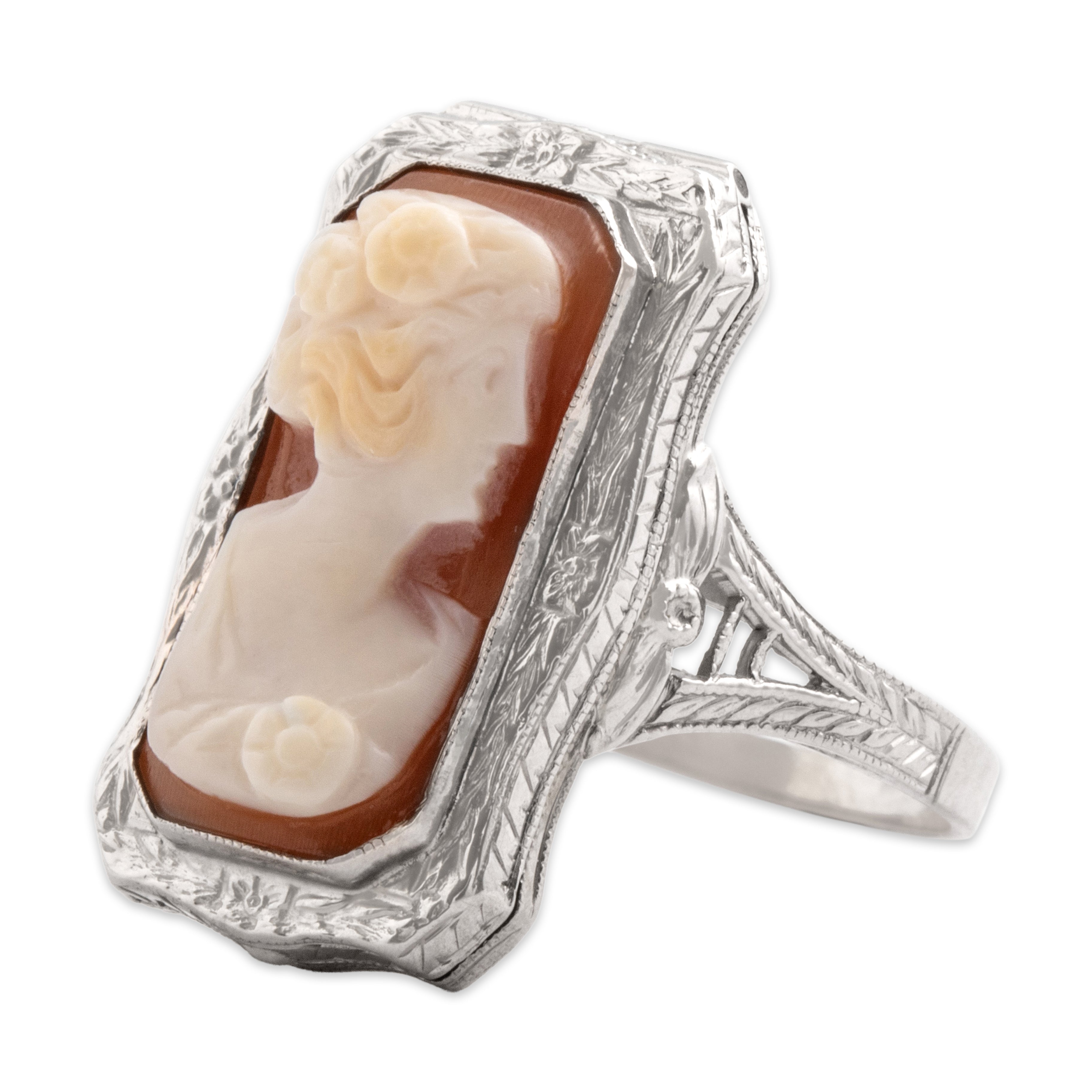 Antique Art Deco 14k White Gold Shell Rare Ornate Elegant Cameo Locket Ring - Side view
