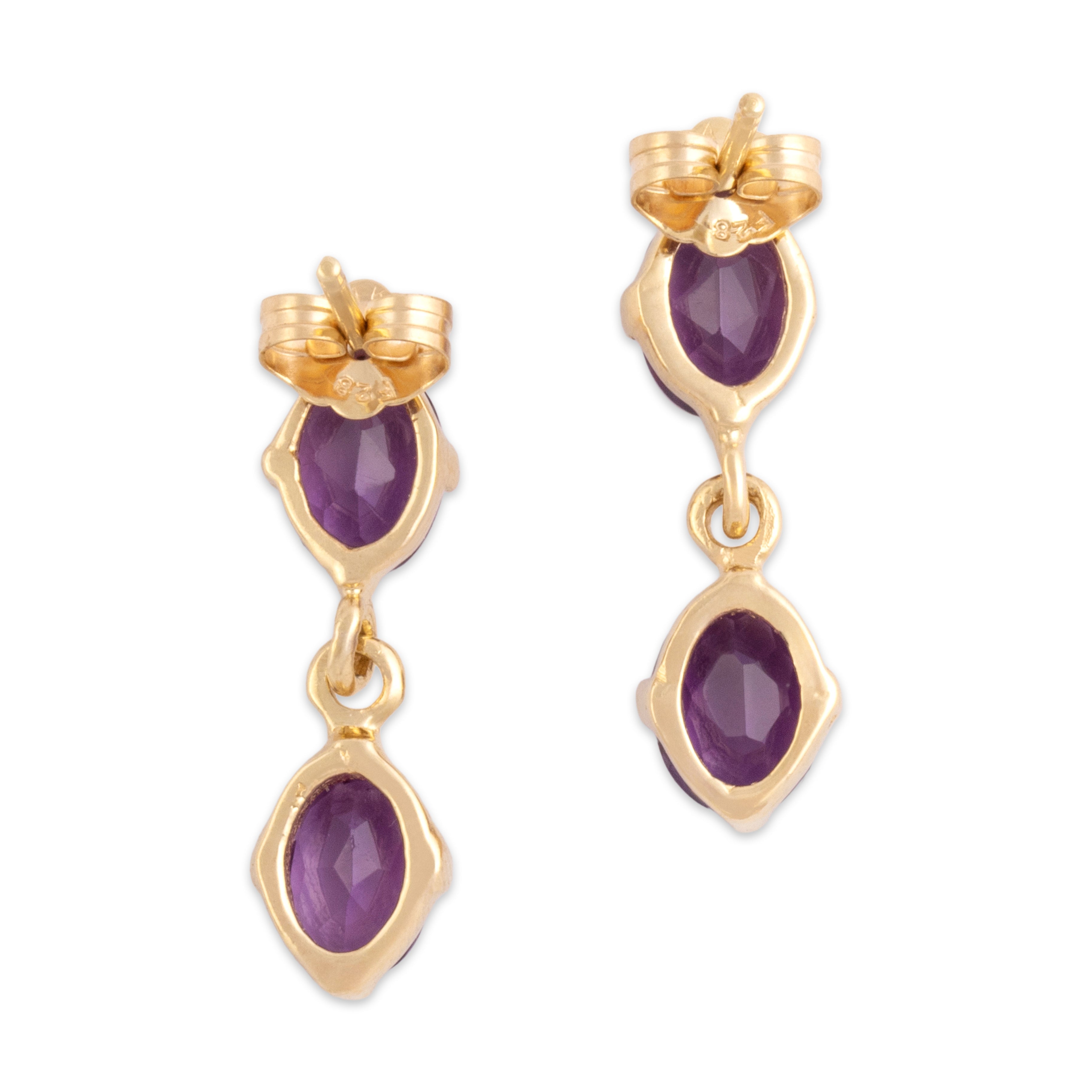Vintage 14k Yellow Gold 2.52cttw Amethyst Chic Oval Duo Dangle Earrings - Back view