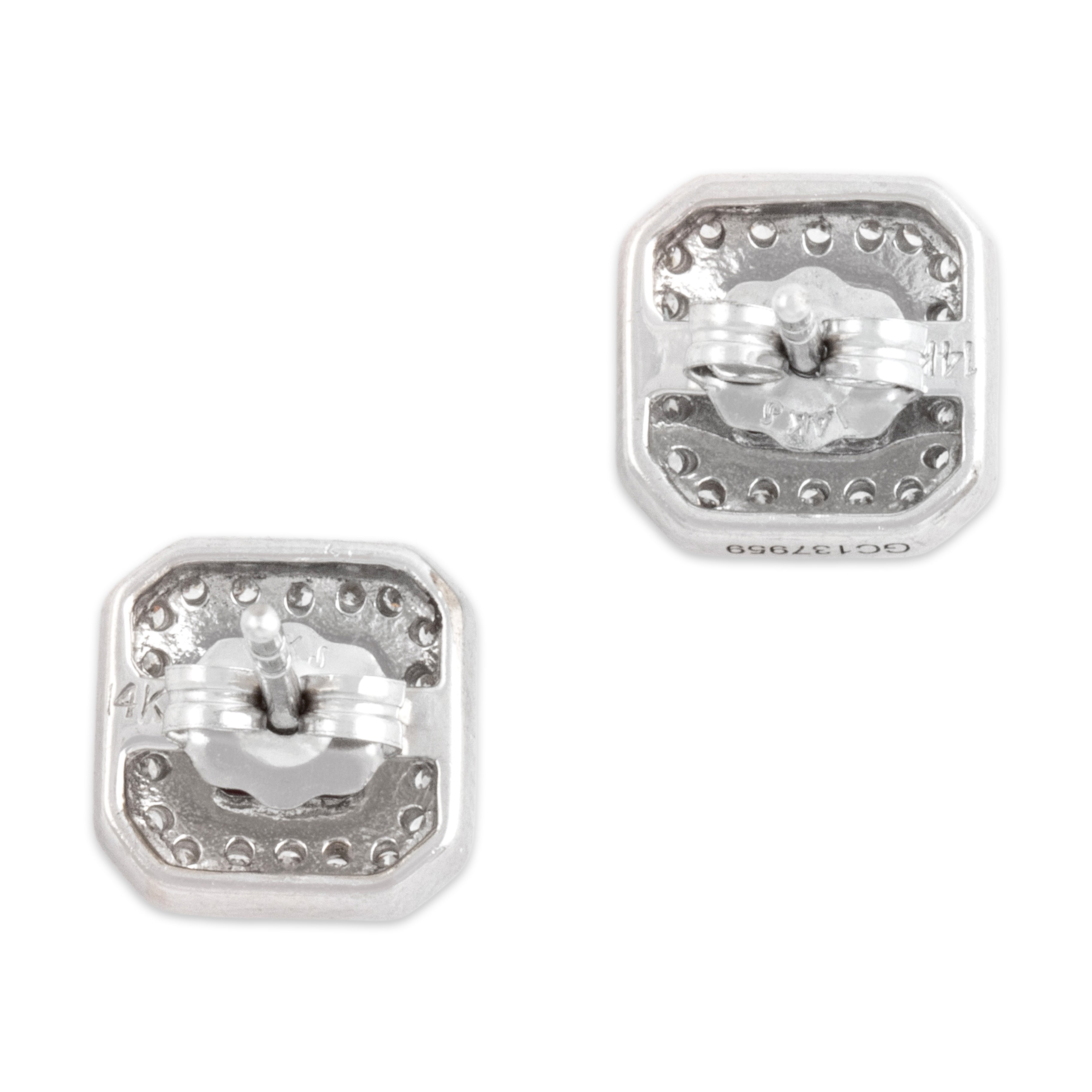 Estate 14k White Gold Ruby Diamond Elegant Square Halo Stud Earrings - Back view