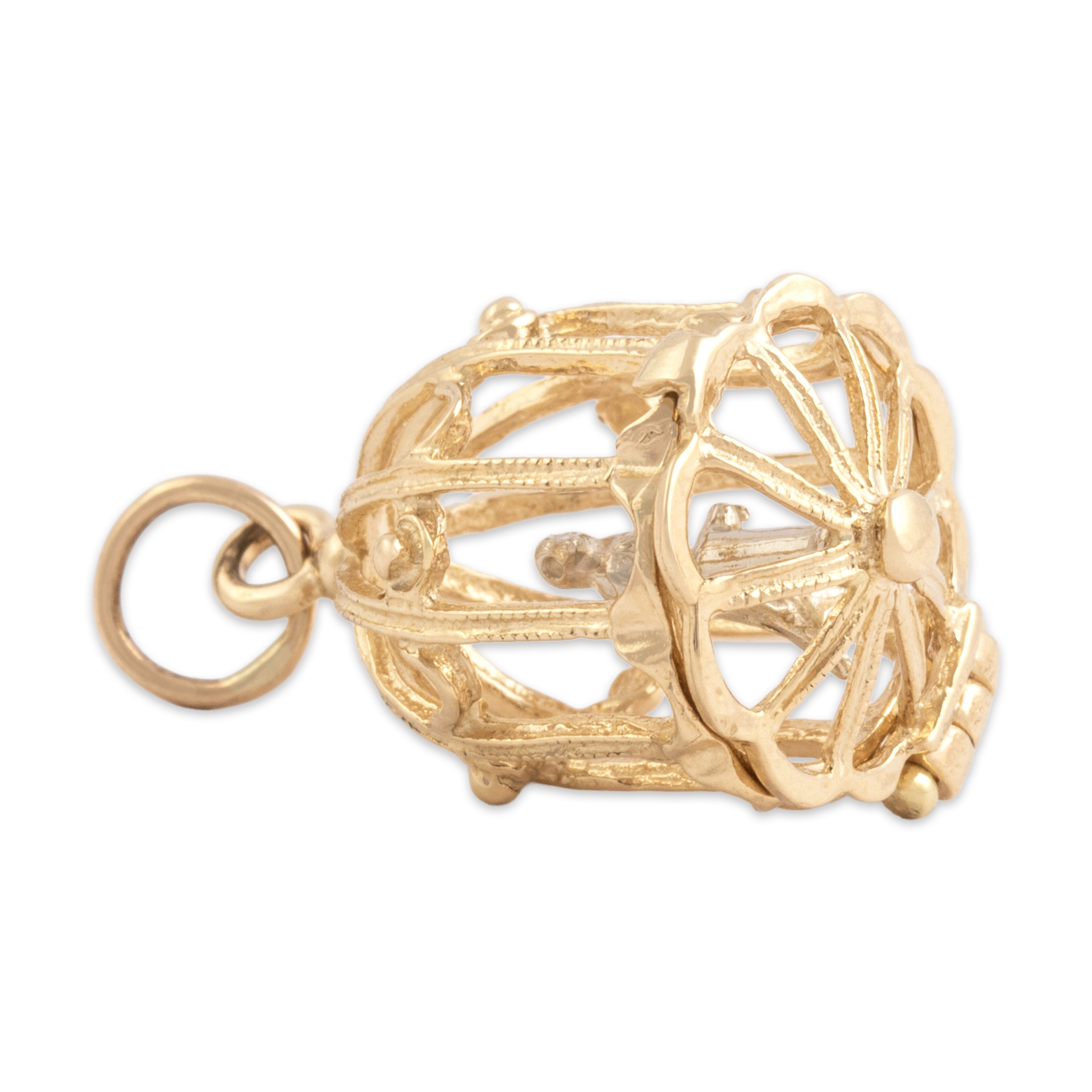 Vintage 14k Yellow & White Gold Whimsical Articulated Birdcage Charm / Pendant - Side view