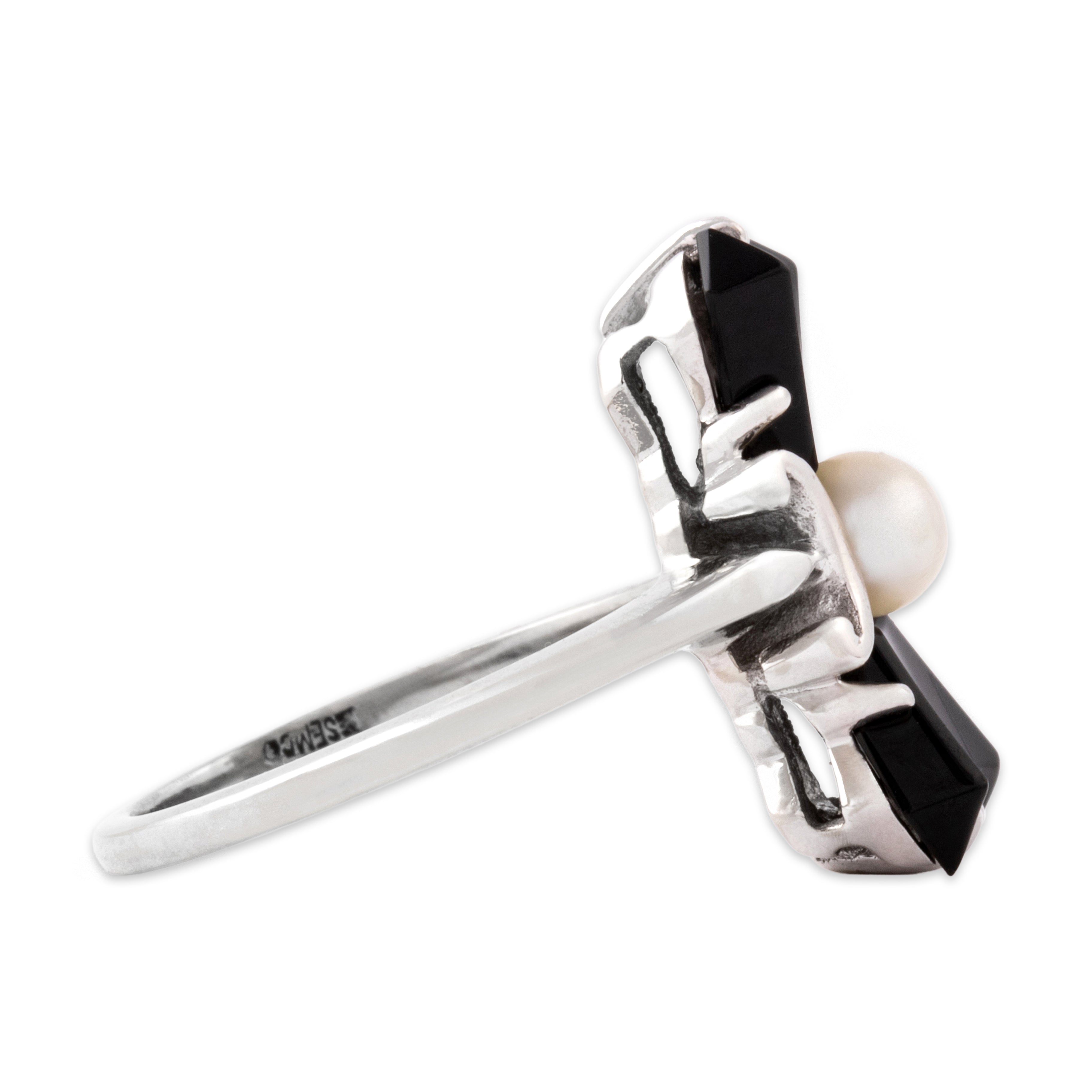 Vintage 10k White Gold Onyx Pearl Artistic Ring - Side view
