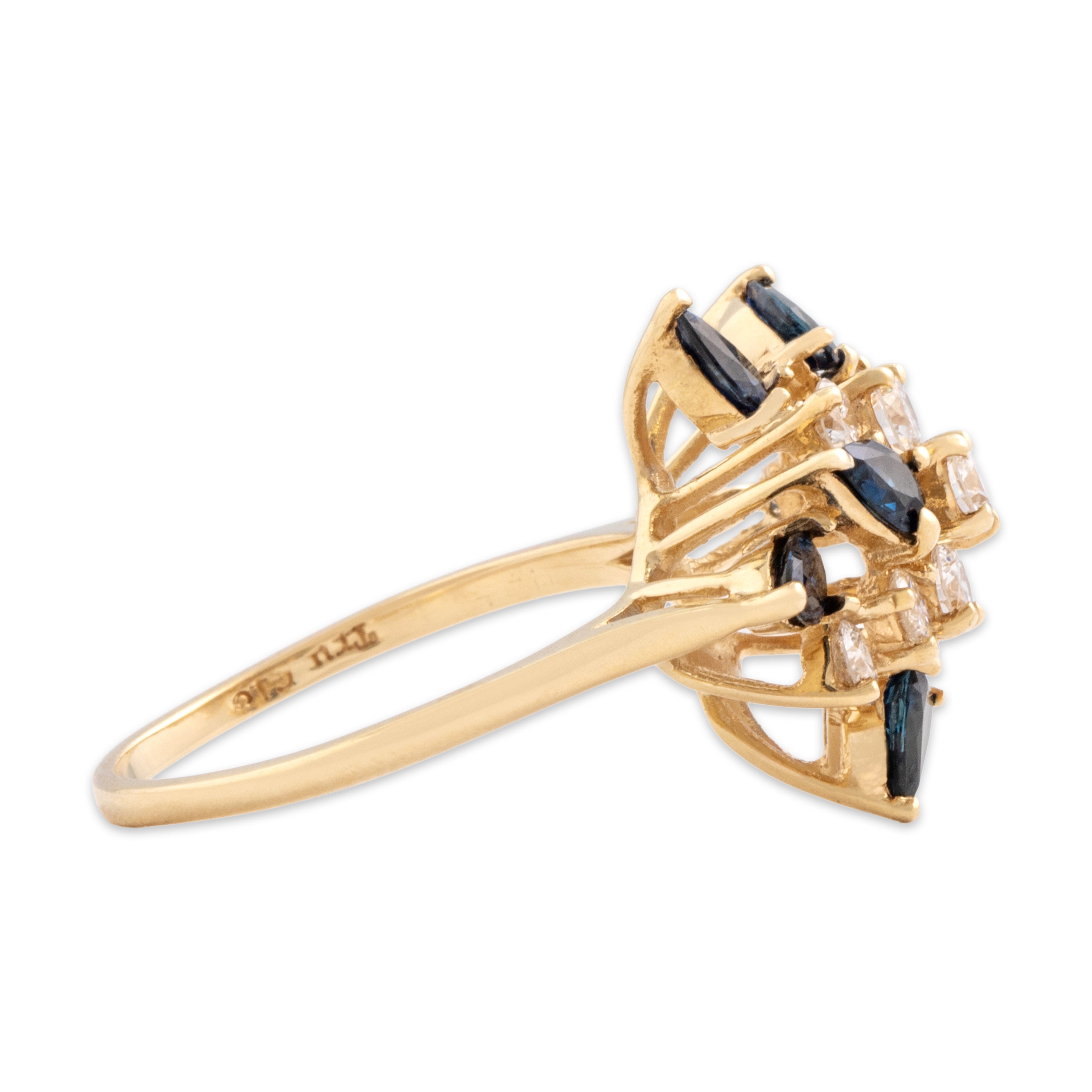 Vintage 14k Yellow Gold 1.68cttw Blue Sapphire .81cttw Diamond Stellar Multi-Cut Cluster Ring - Side view