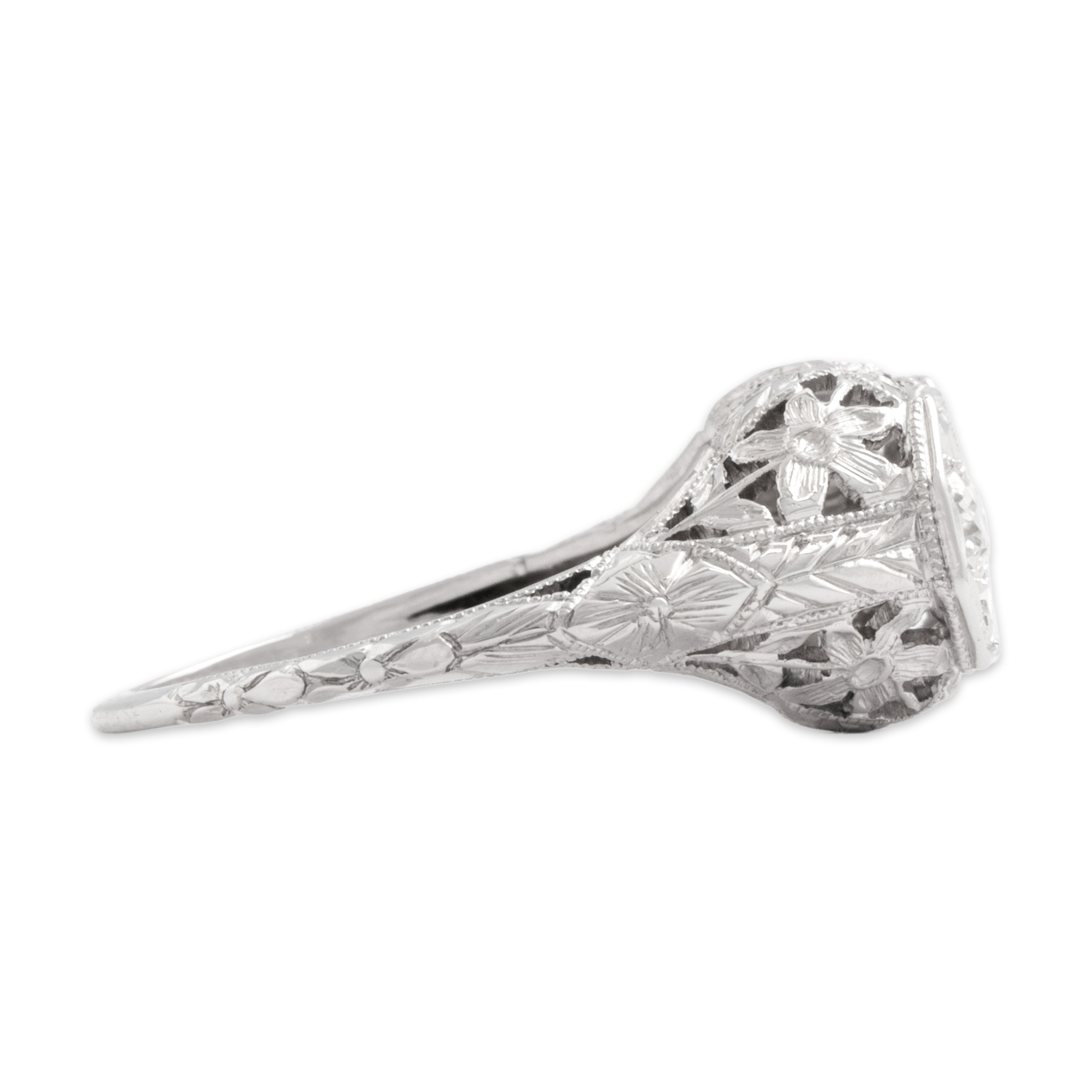 Antique Art Deco Belais 18k White Gold Old European Cut Diamond Architectural Floral-Carved Duo Ring - Side view