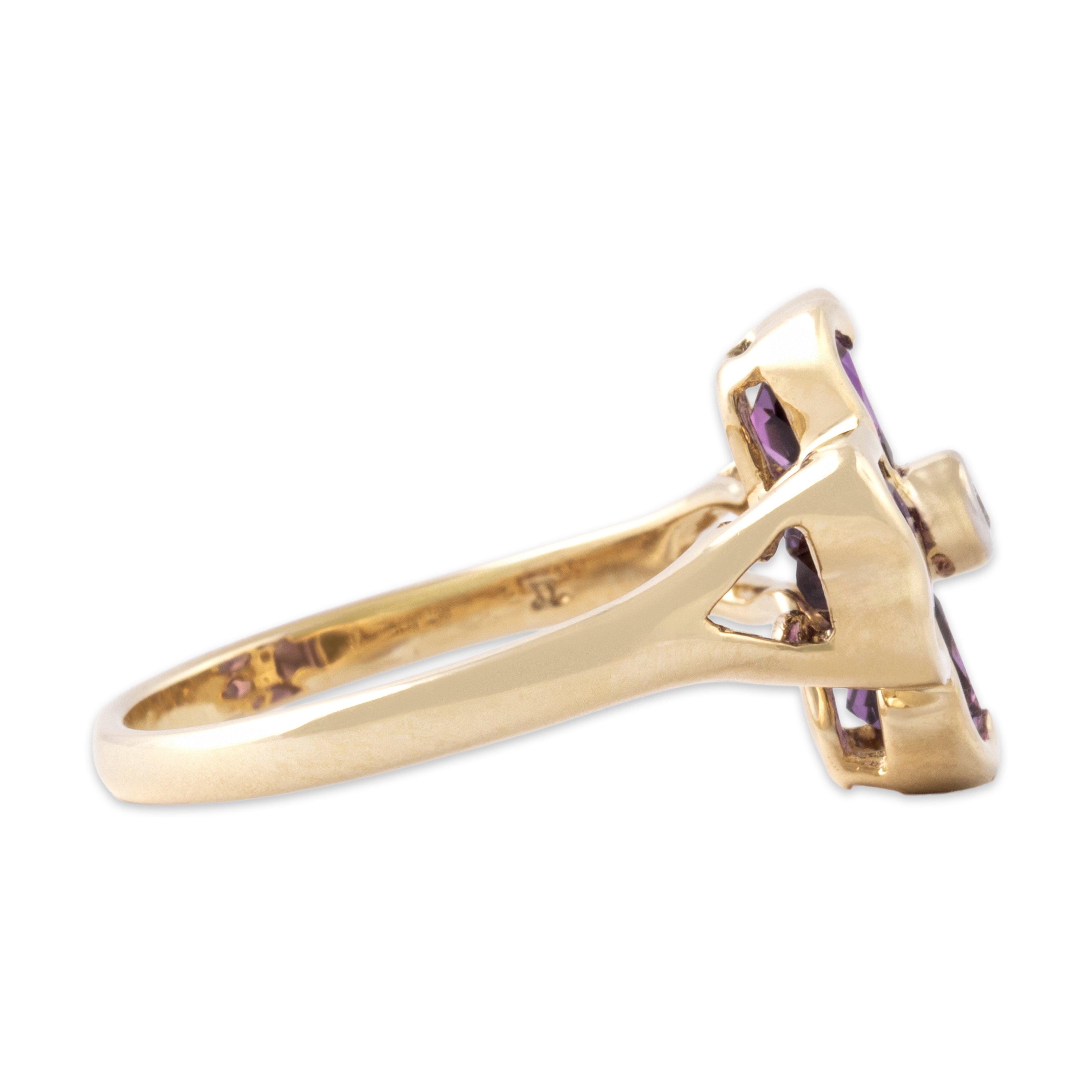 Vintage 14k Yellow Gold 1.42cttw Amethyst Diamond Lovely Heart Clover Ring - Side view