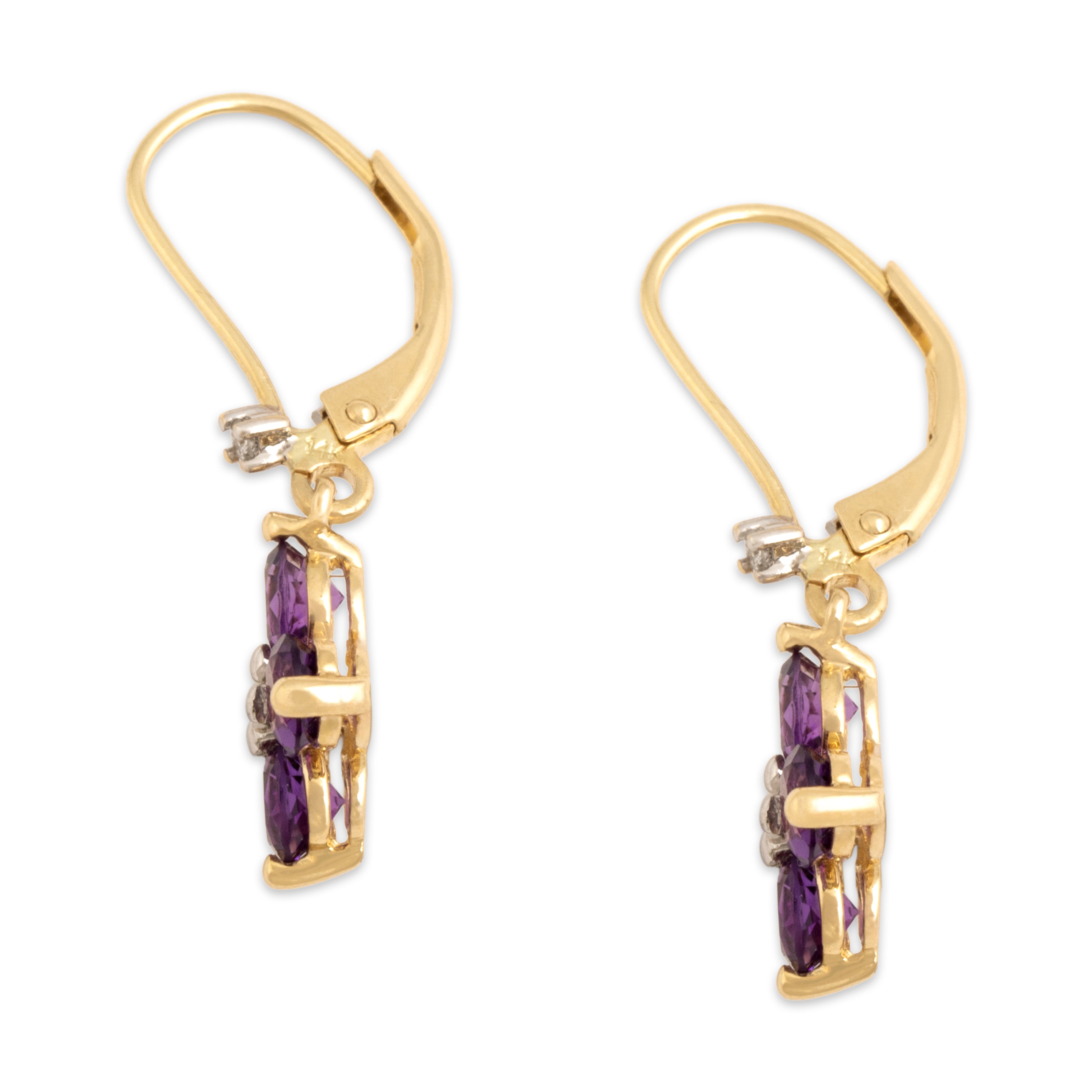 Vintage 14k Yellow Gold 1.59cttw Amethyst Diamond Vibrant Floriform Dangle Earrings - Side view