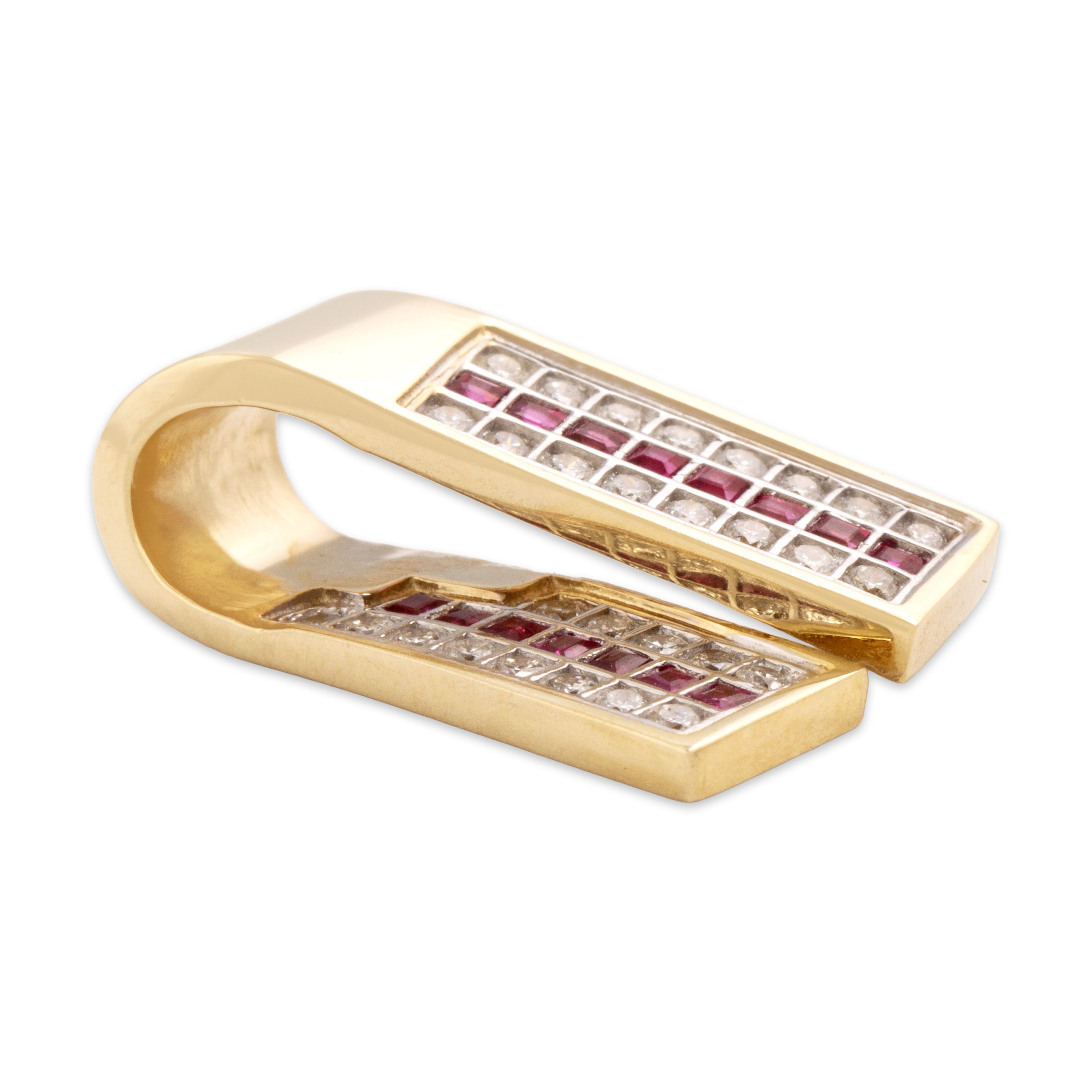 Vintage 14k Yellow Gold Ruby Diamond Incredible Tile Wraparound Slide Pendant - Side view
