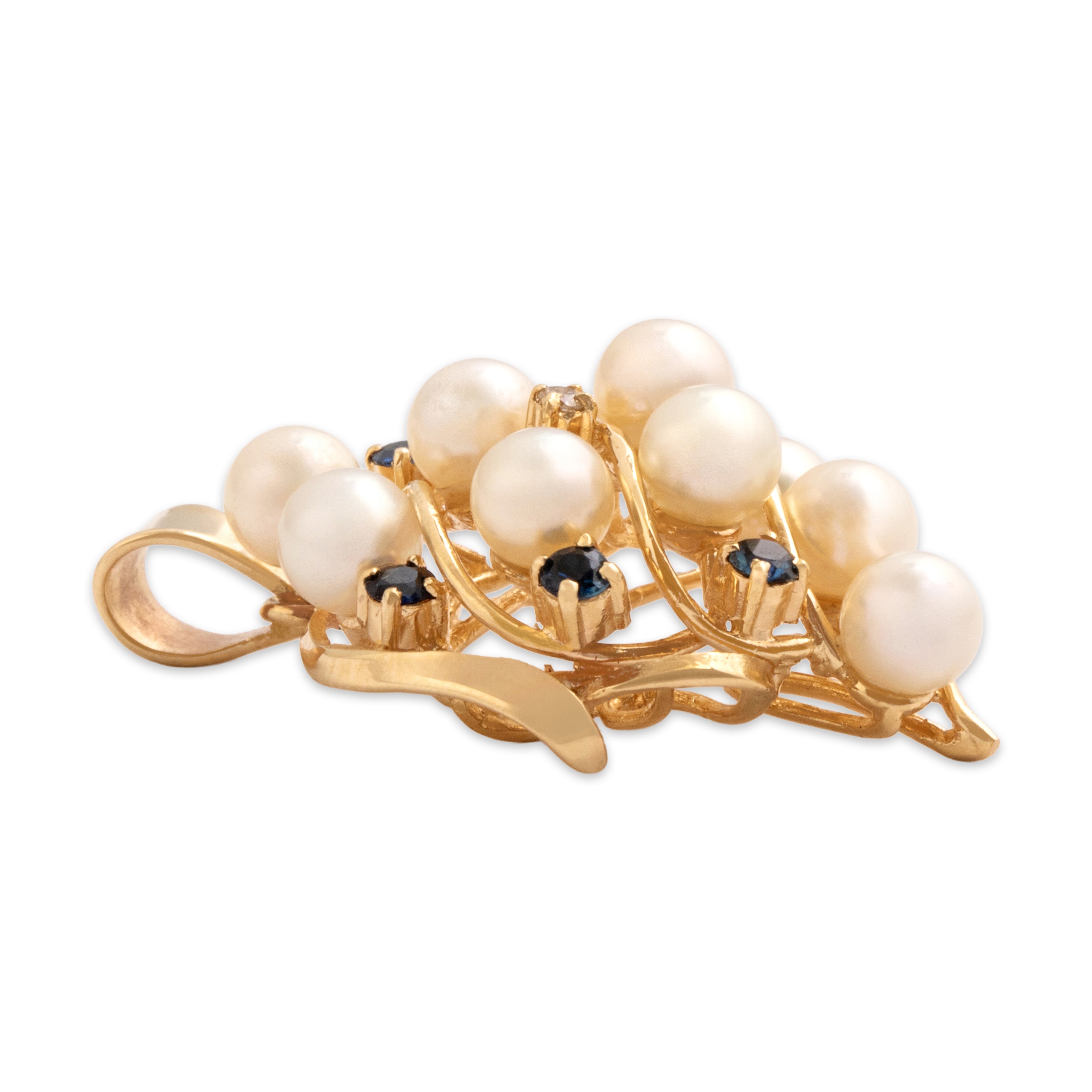 Vintage 14k Yellow Gold Pearl Blue Sapphire Diamond Swirling Cluster Dangle Charm / Pendant - Side view