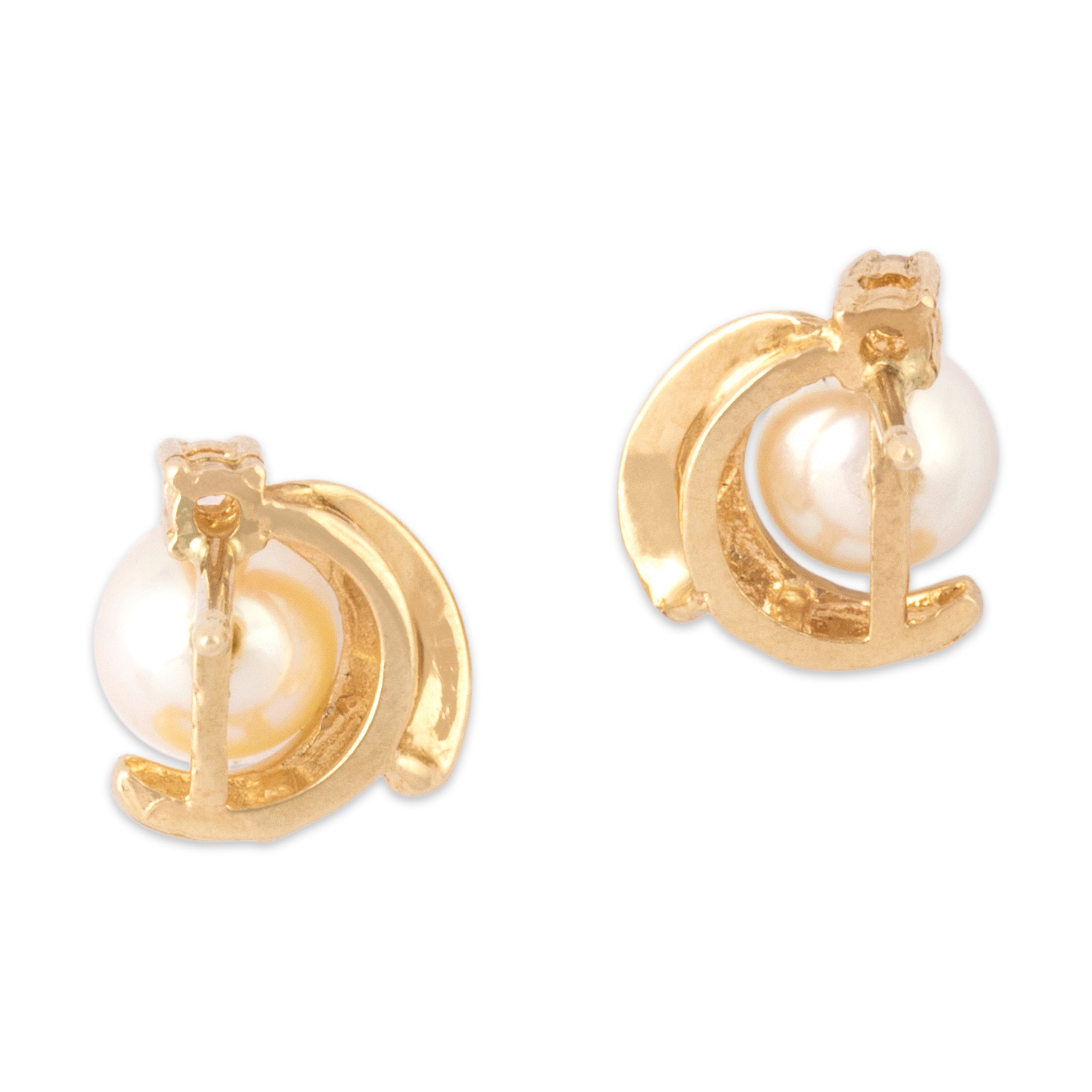 Vintage 14k Yellow Gold Pearl Diamond Elegant Duo Swoosh Stud Earrings - detail view #1