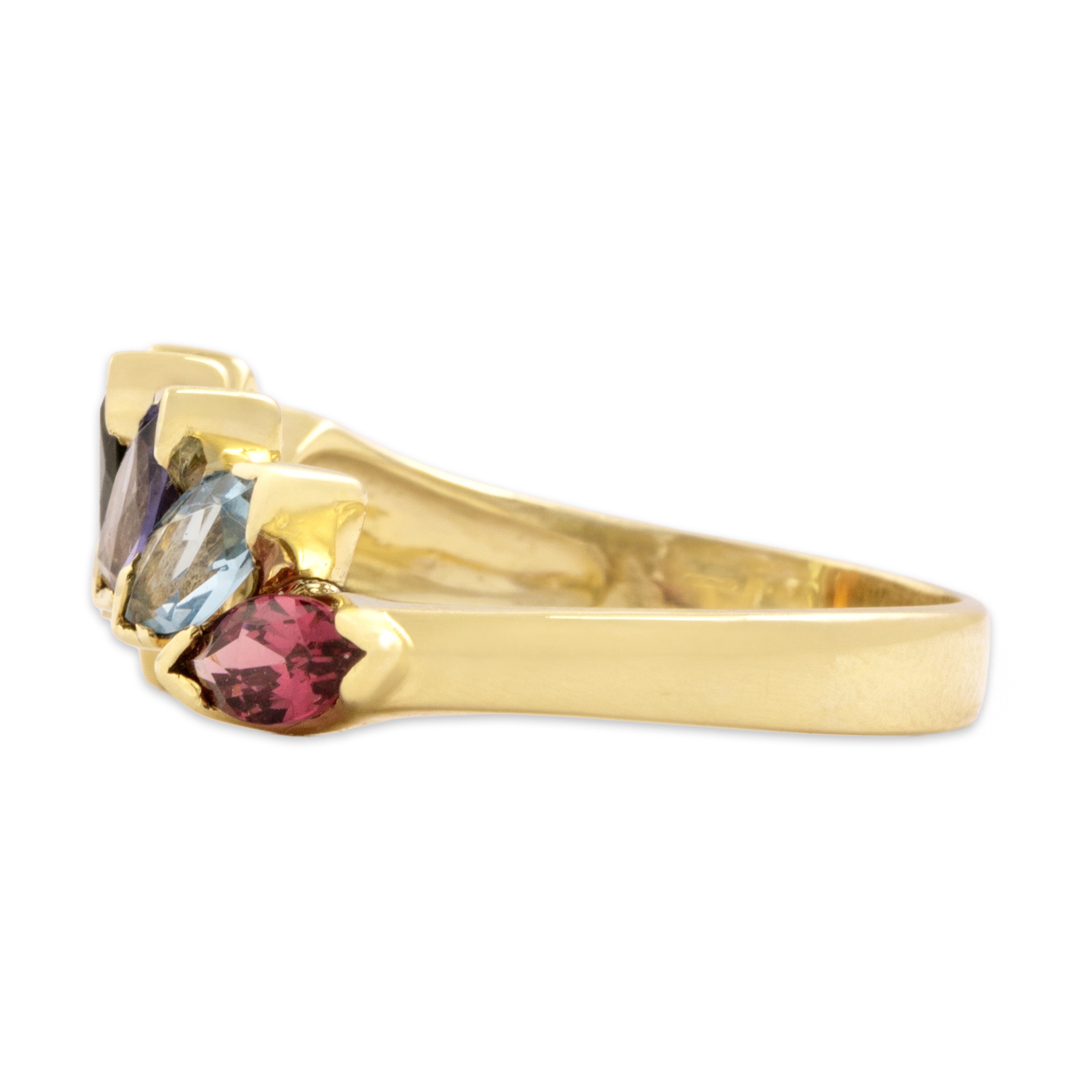Vintage 14k Yellow Gold Pink Garnet Palmeira Citrine Green Tourmaline Iolite Aquamarine Peridot Arched Rainbow Marquise Ring - Side view