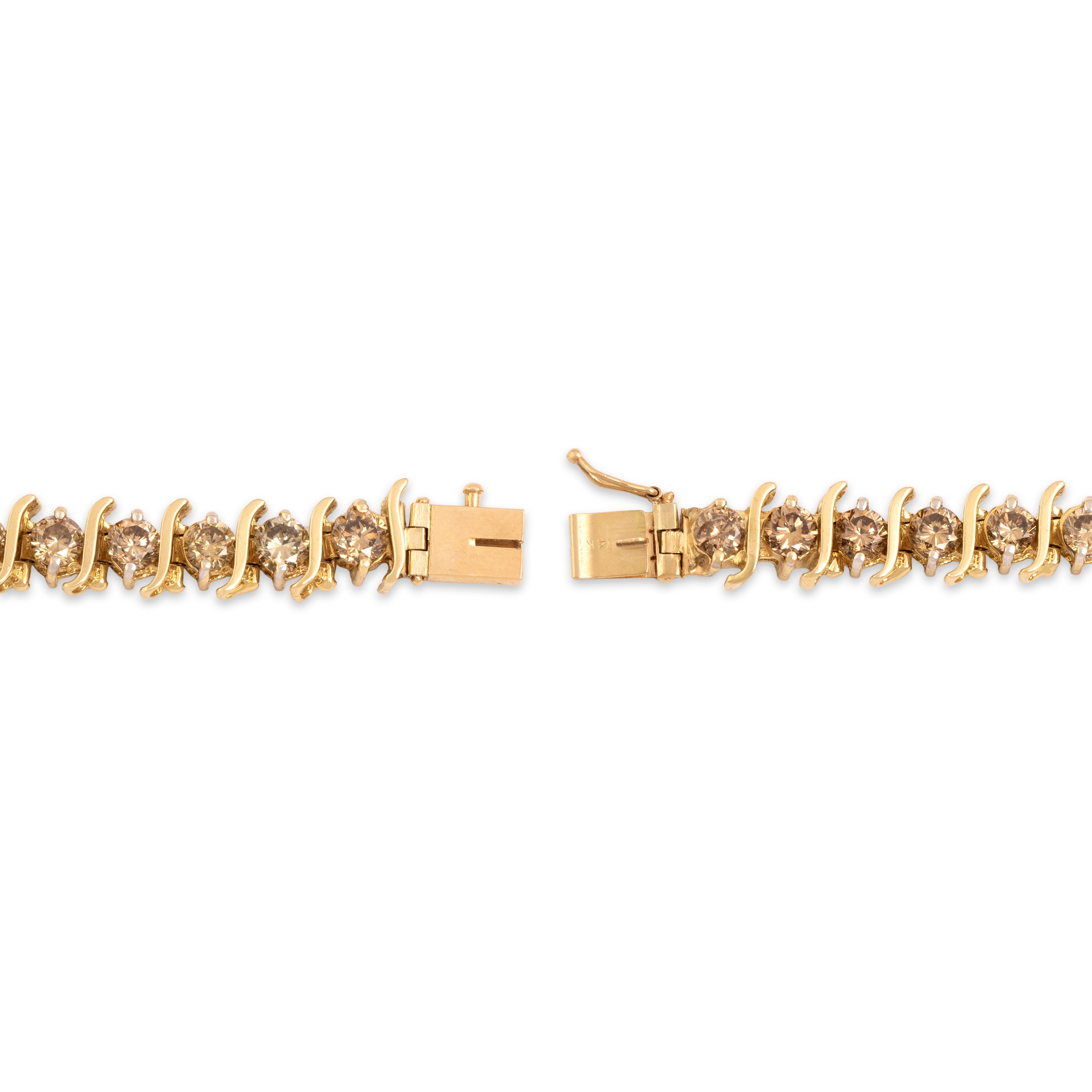 Vintage Substantial 14k Yellow Gold 8.79cttw Champagne Diamond Glamorous Swirl Tennis Bracelet - clasp view