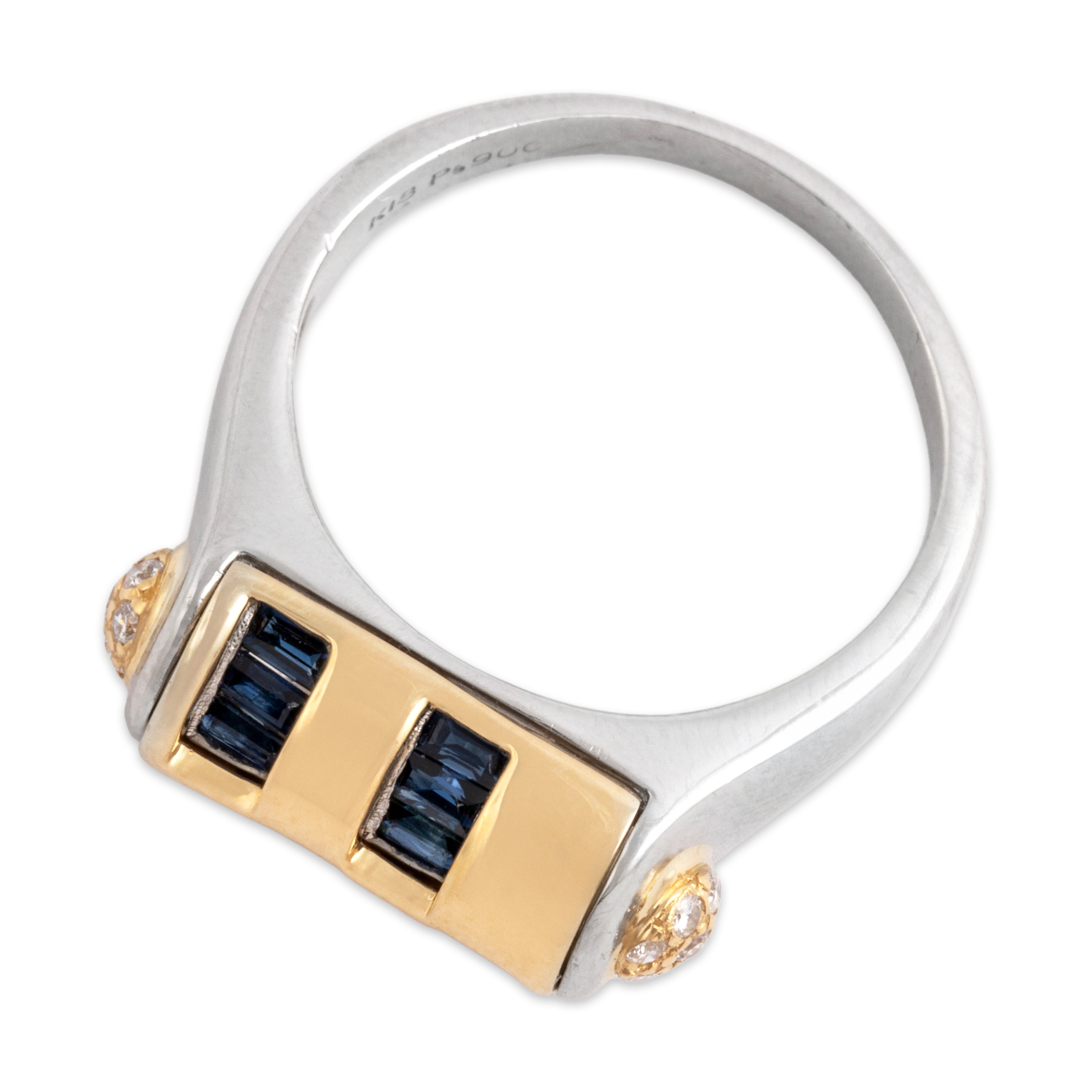 Vintage Platinum & 18k Yellow Gold Blue Sapphire Ruby Diamond Unusual Bar Overlay Ring - detail view #2