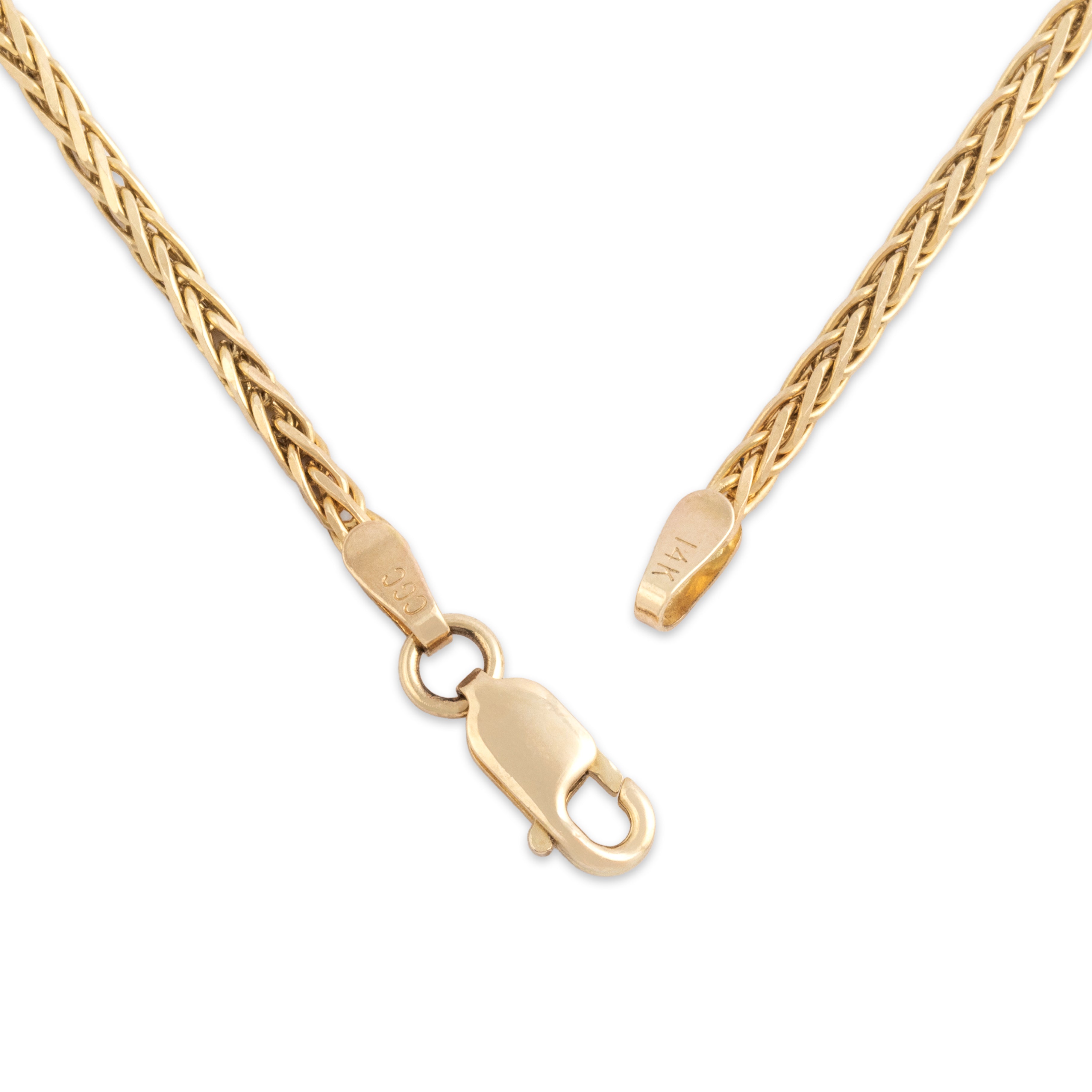 Vintage 14k Yellow Gold 2mm Stunning Dimensional Faceted Wheat Chain - clasp view