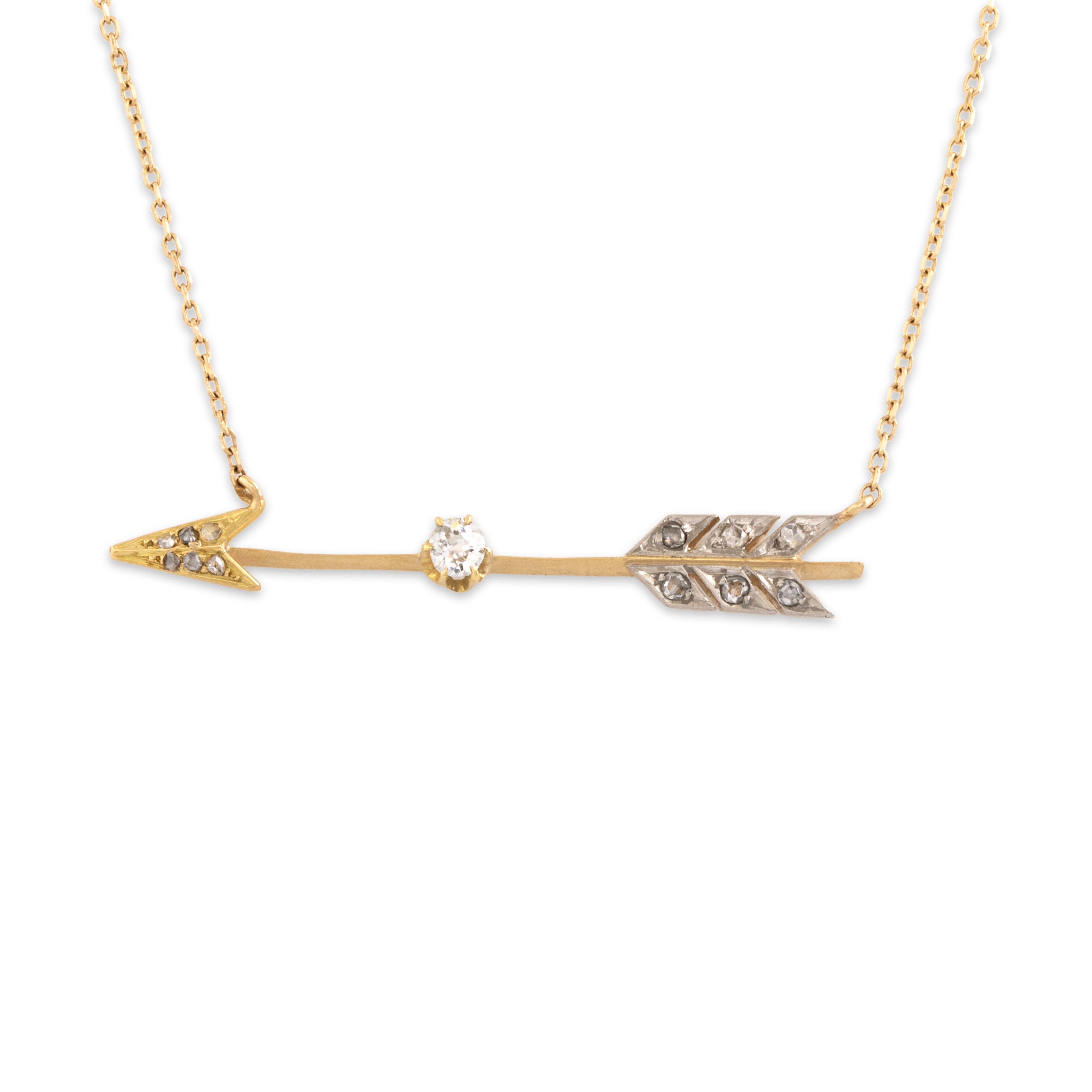 Antique 14k & 18k Yellow Gold Old Mine Cut Diamond Sparkling Flying Arrow Necklace - detail view #2
