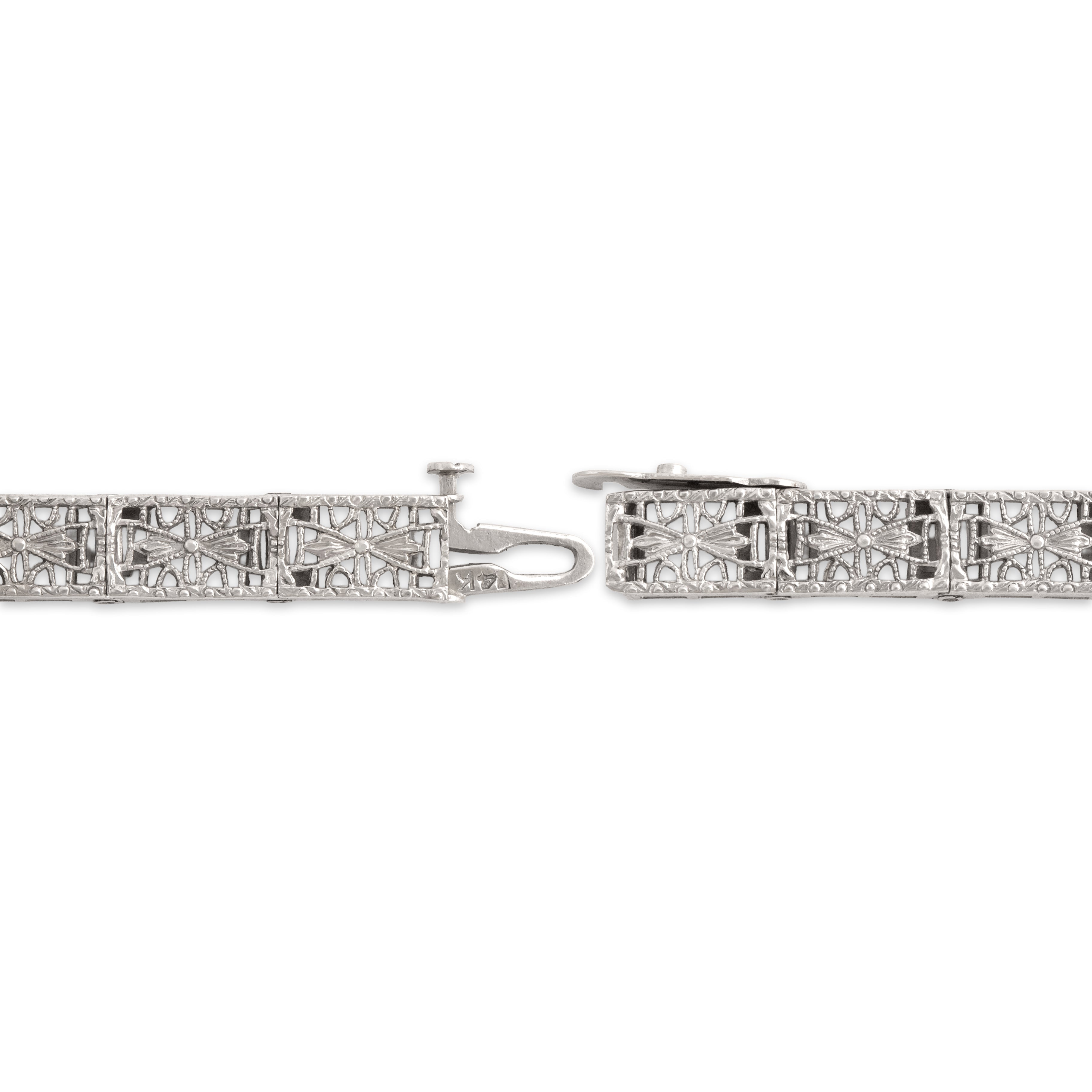 Antique Art Deco 14k White Gold Diamond Purple Glass Stunning Openwork Bracelet - clasp view
